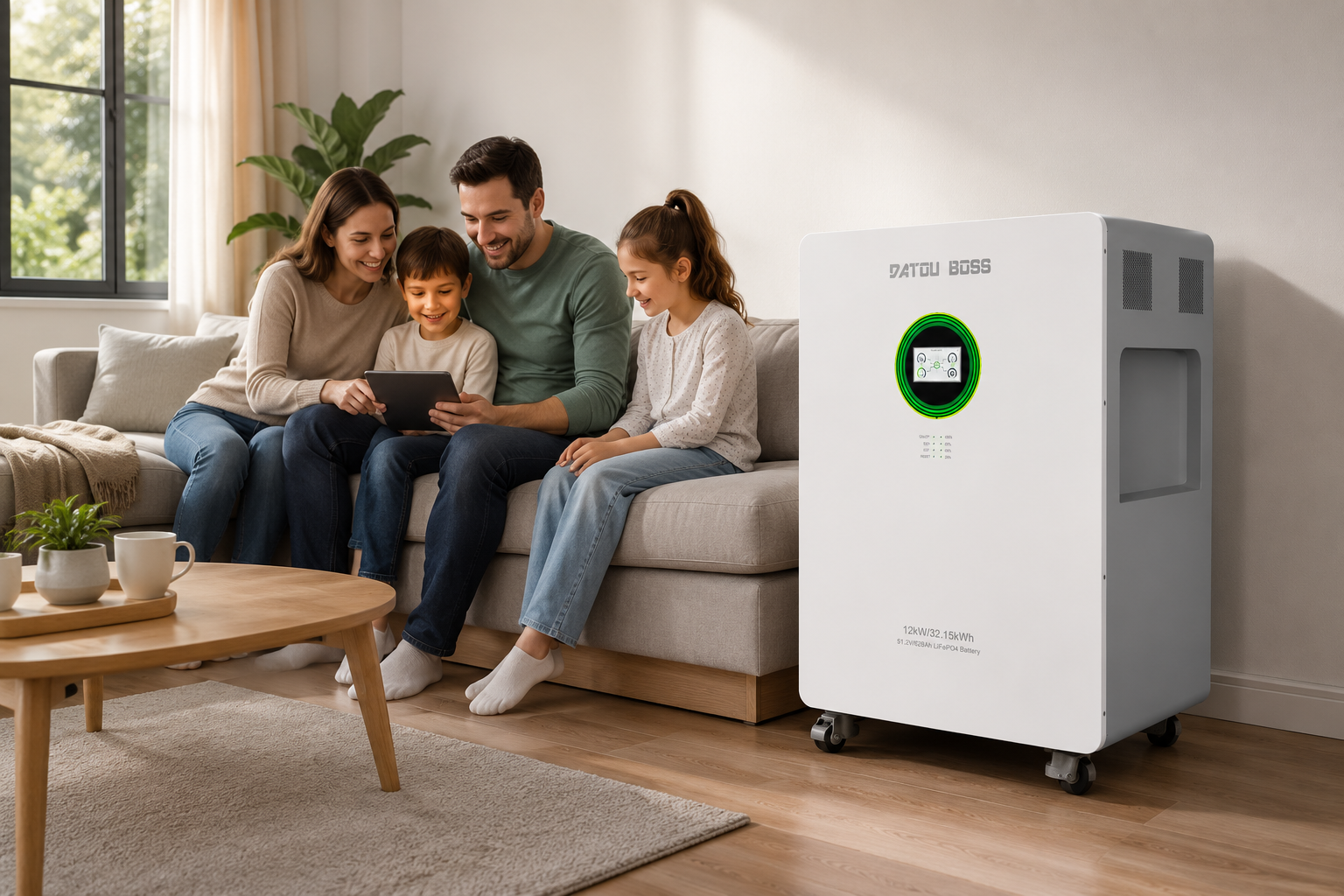 DATOUBOSS 48V 12000W All-in-One Home Energy Storage System installed in a modern living room, providing residential solar energy storage and reliable home backup power