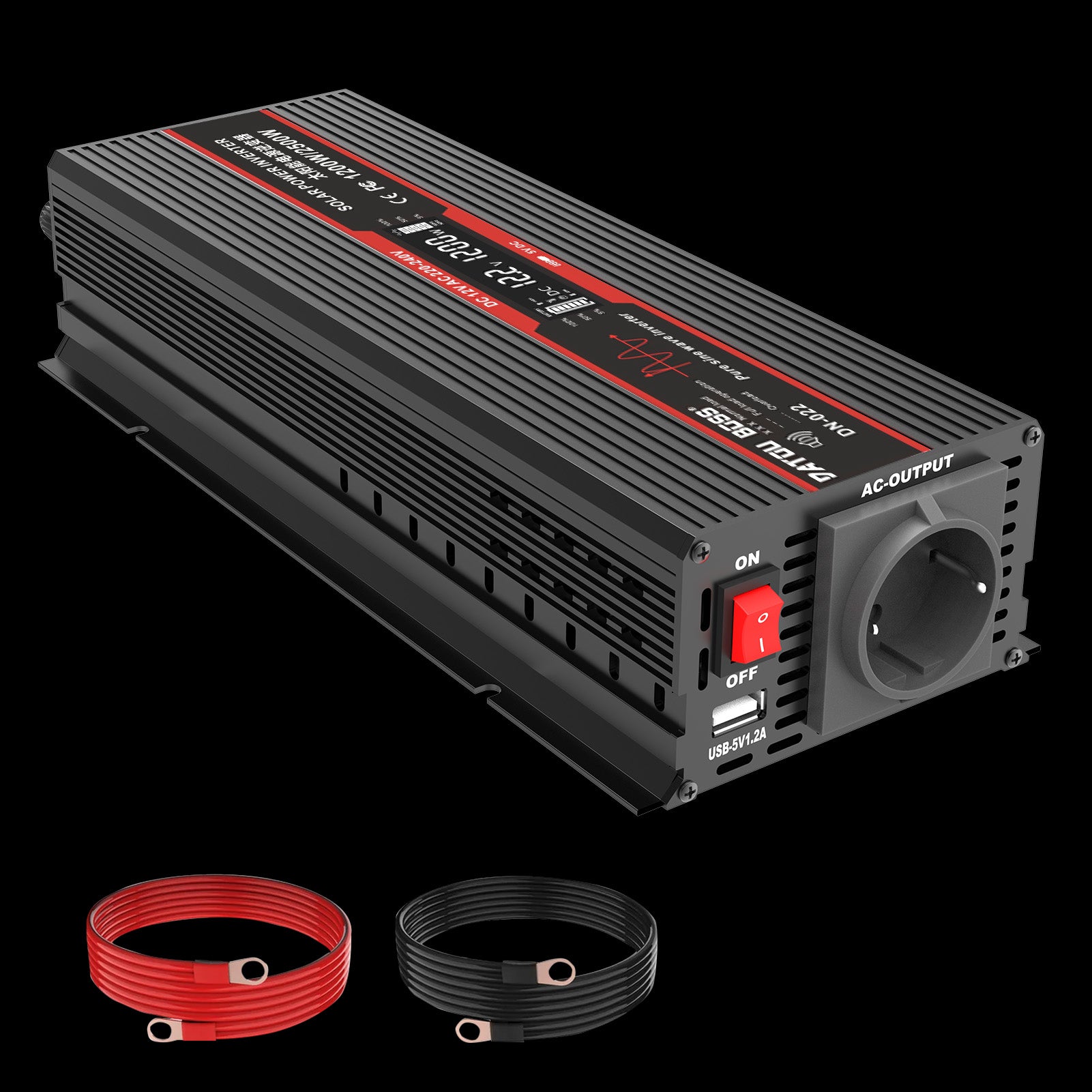 DATOUBOSS 1200W Pure Sine Wave Inverter, 12V to 230V AC Car Power Converter, Peak Power 2500W with EU Sockets, USB Ports and LED Display for Household Appliances, Car, Caravan, Truck