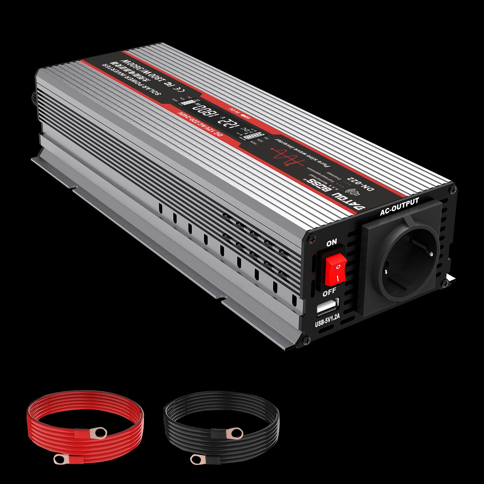 DATOUBOSS 1800W Pure Sine Wave Inverter, 12V to 230V AC Car Power Converter, Peak Power 3600W with EU Sockets, USB Ports and LED Display for Household Appliances, Car, Caravan, Truck