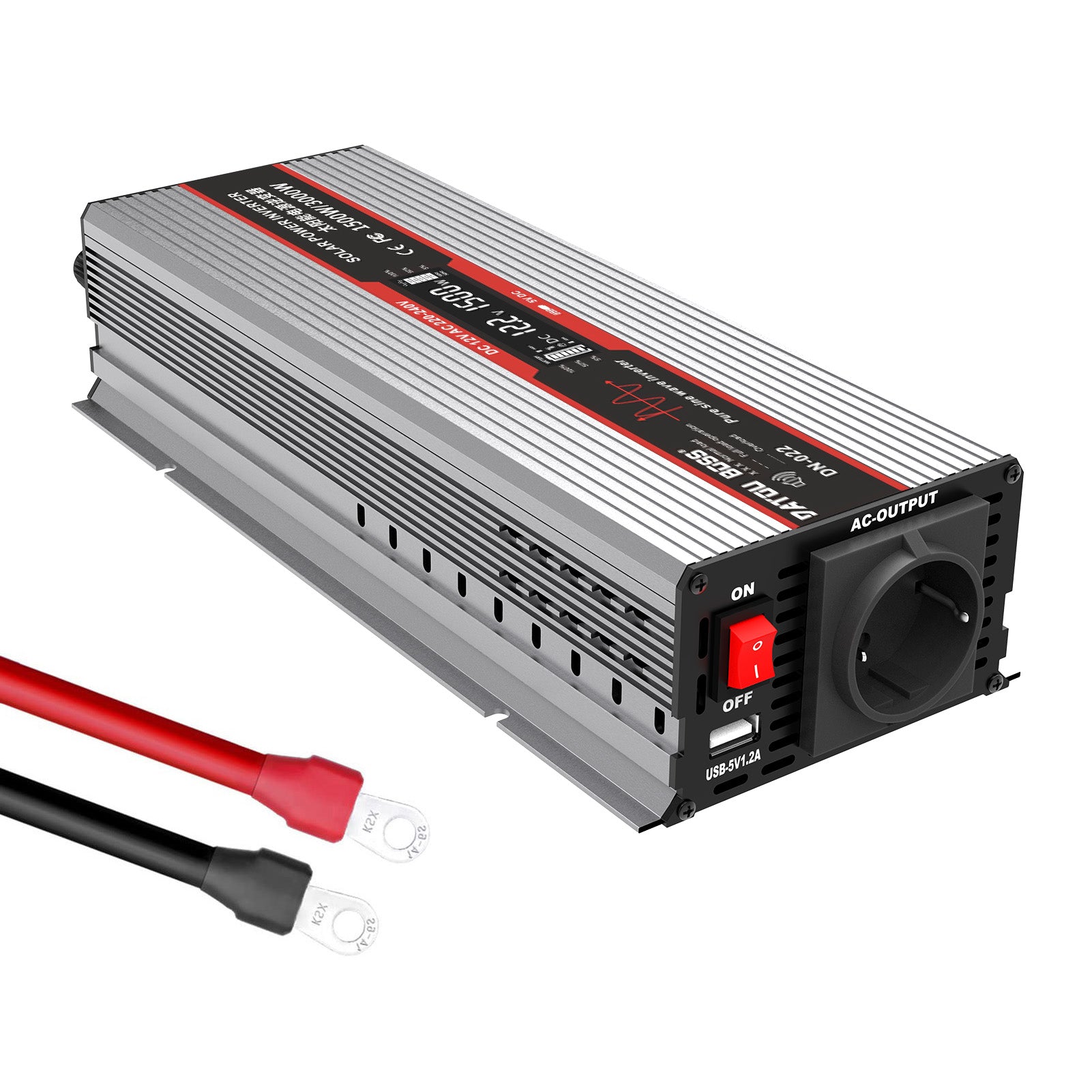 DATOUBOSS 1500W Pure Sine Wave Inverter, 24V to 230V AC Car Power Converter, Peak Power 3000W with EU Sockets, USB Ports and LED Display for Household Appliances, Car, Caravan, Truck