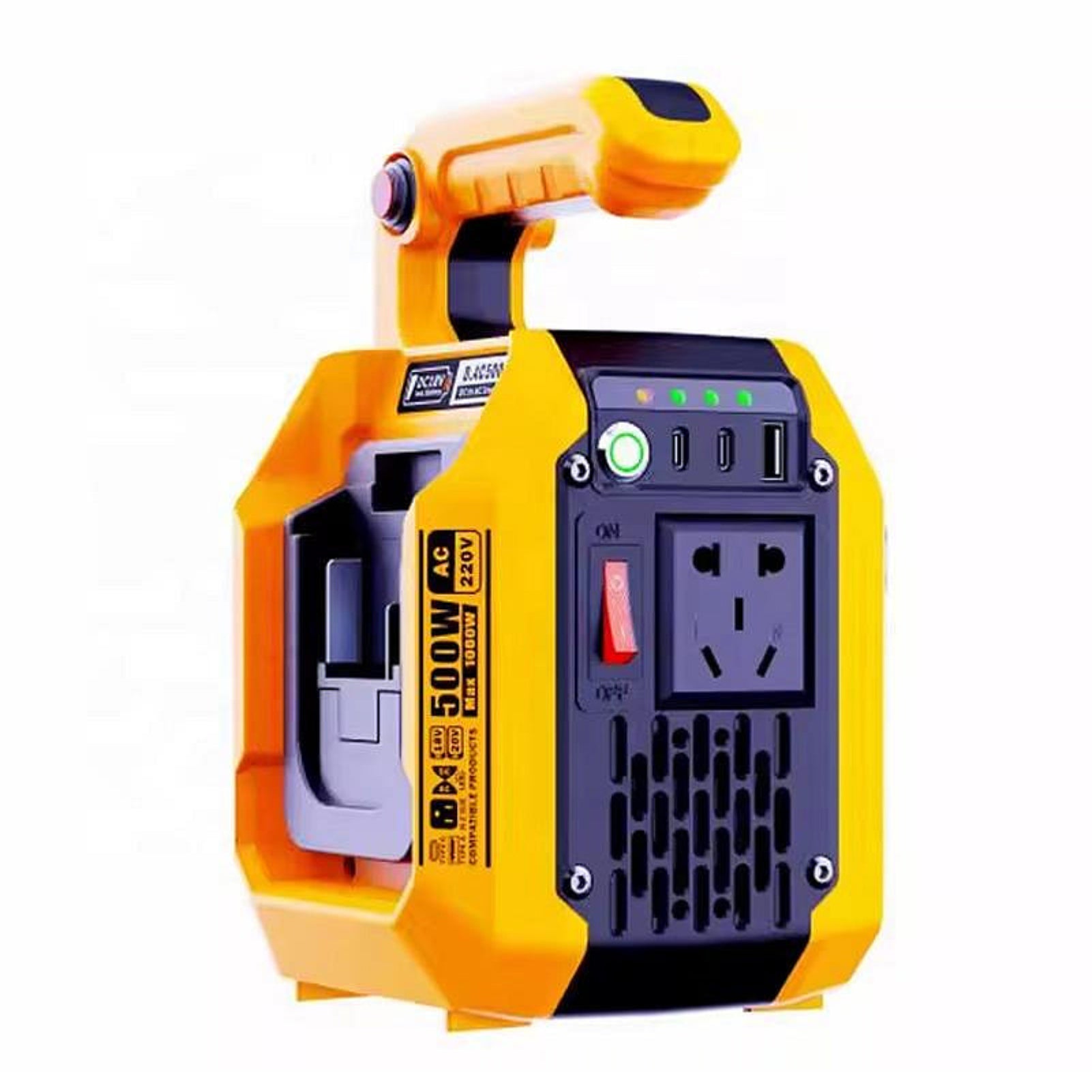 DATOUBOSS Dual Large-Capacity Battery Slots 500W Pure Sine Wave Inverter, Supports 10000mAh+ Any Capacity Lithium Batteries, Dual Slot 8-15 Hours Runtime! Dual Type-C 18W×2 + USB 5V2A + Swappable UK AC Outlet, with 500lm Floodlight