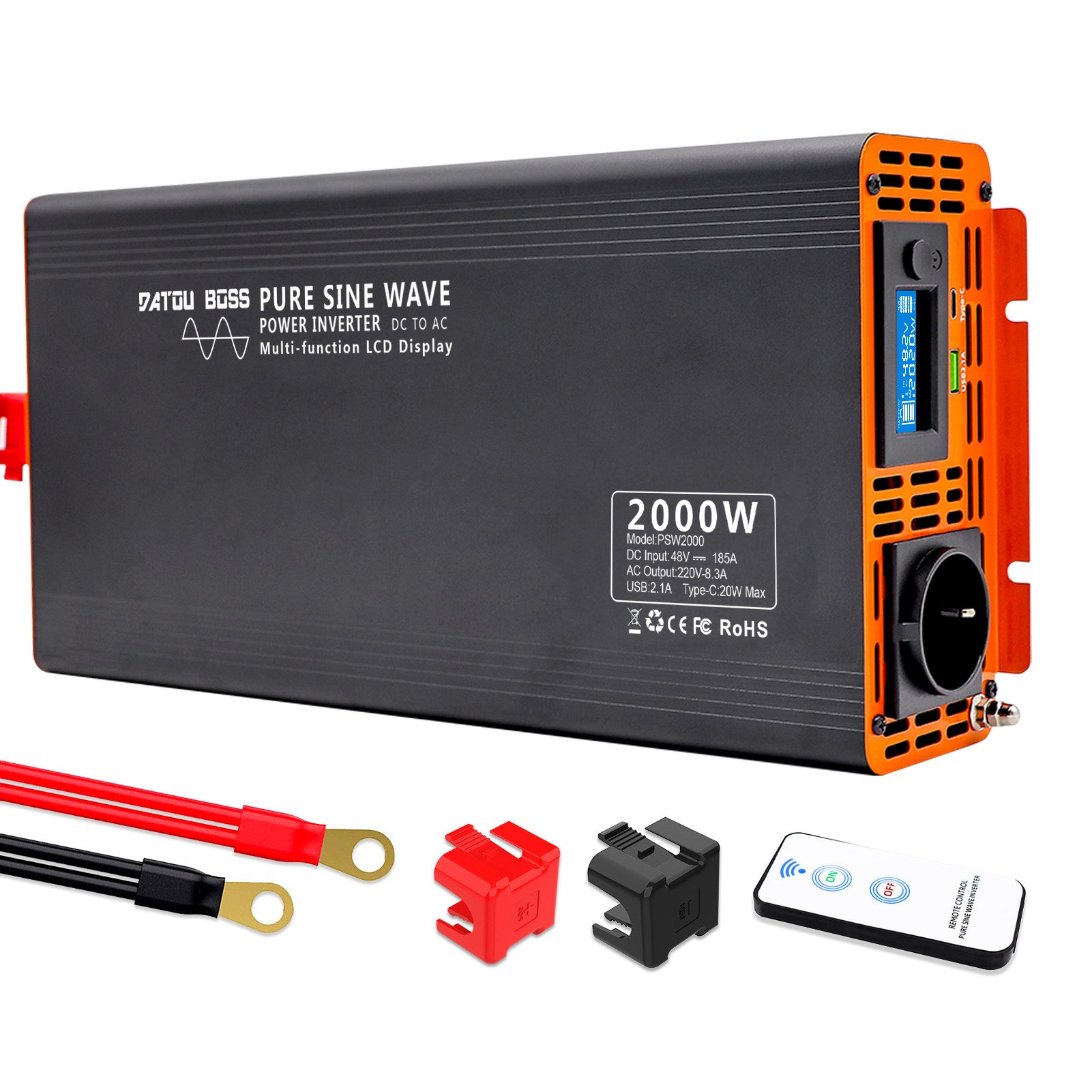DATOUBOSS Convertitore Onda Sinusoidale Pura da 2000 W, Convertitore di Tensione CA da 48 V a 230 V, Potenza di Picco 4000 W con 1 Presa EU, Schermo LCD, 1 Porta Type-C e 1 Porta USB per Elettrodomestici, Camper, Camion