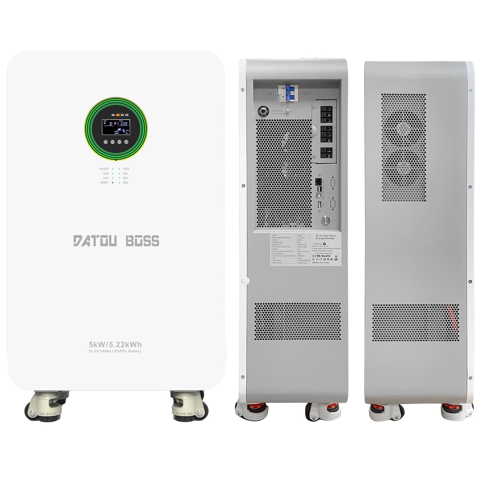 DATOUBOSS 48V 5000W Hybrid-Wechselrichter + 102Ah LiFePO4-Batterie Tragbares Netzteil mit abnehmbarem LCD-Touchscreen und Rädern, geeignet für Solarenergiespeichersysteme mit großer Kapazität/Wohnmobile/Hausenergiespeichersysteme