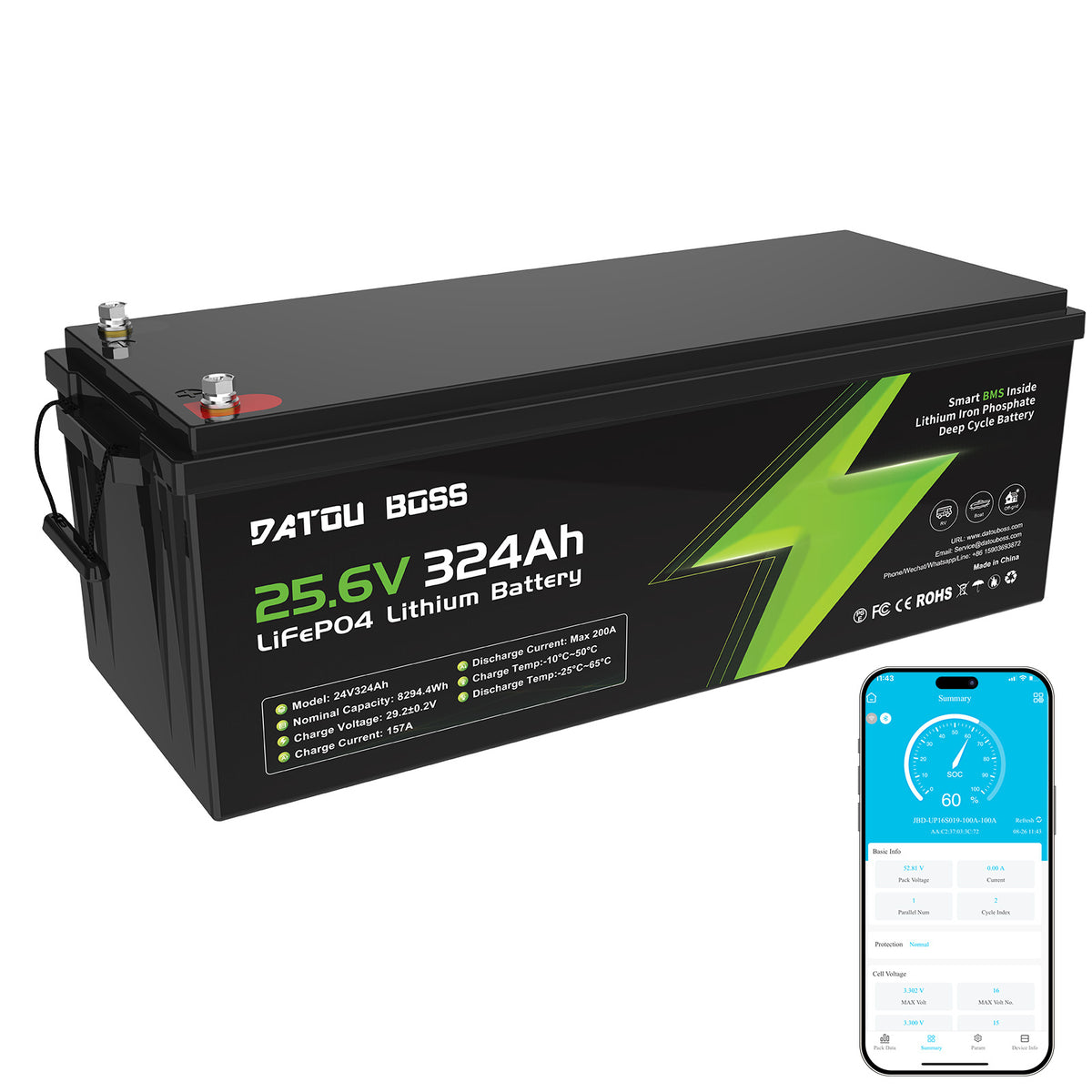 DATOUBOSS 24V 324Ah LiFePO4 Battery | 200A Smart BMS | Bluetooth & Low-Temp Protection | 15000 Cycles for RV, Solar