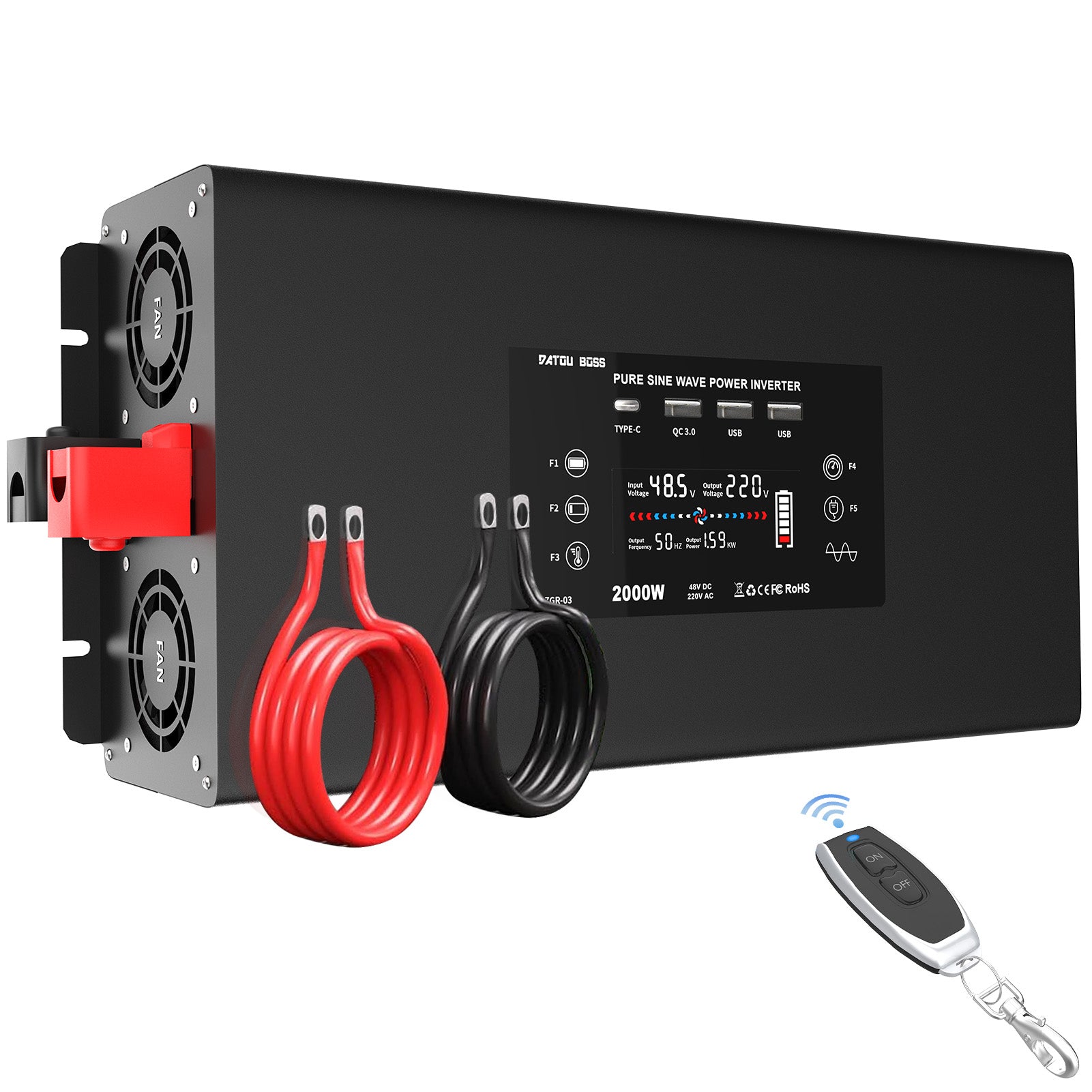 DATOUBOSS 2000 W reiner Sinuswellen-Wechselrichter, 24 V auf 230 V Wechselstrom-Spannungswandler, Spitzenleistung 4000 W mit Fernbedienung, 2 EU-Steckdosen, 3 USB, 1 Typ-C-Wandler, Spannungswandler für Auto, Wohnmobil