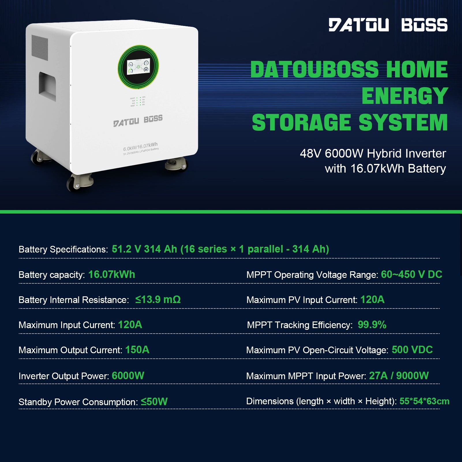 DATOUBOSS 48V 6000W Hybrid Inverter + 314Ah LiFePO4 Battery Portable Power Supply with LCD Touch Screen, Detachable, and Wheels, suitable for large-capacity solar energy storage systems/RVs/home energy storage systems