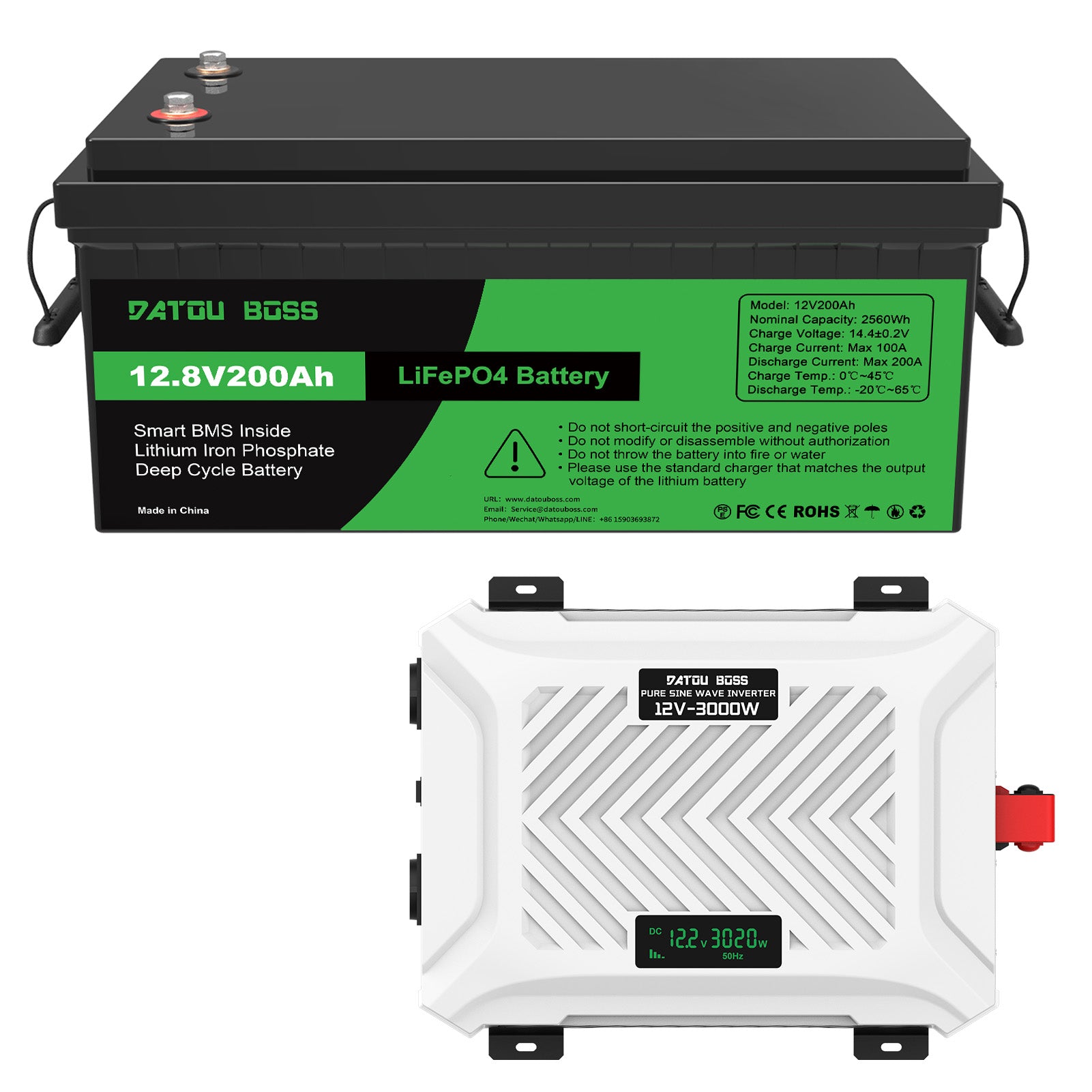 DATOUBOSS12V200AhLiFePO4Batterywith200ABMSDeepCycle+3000WPureSineWaveInverterwith6000WPeakPower,IntelligentDetection&LCDDisplay,2EUSocketsforOff-GridLiving,RVAdventures,SolarSystems,andEmergencyPowerSolutions