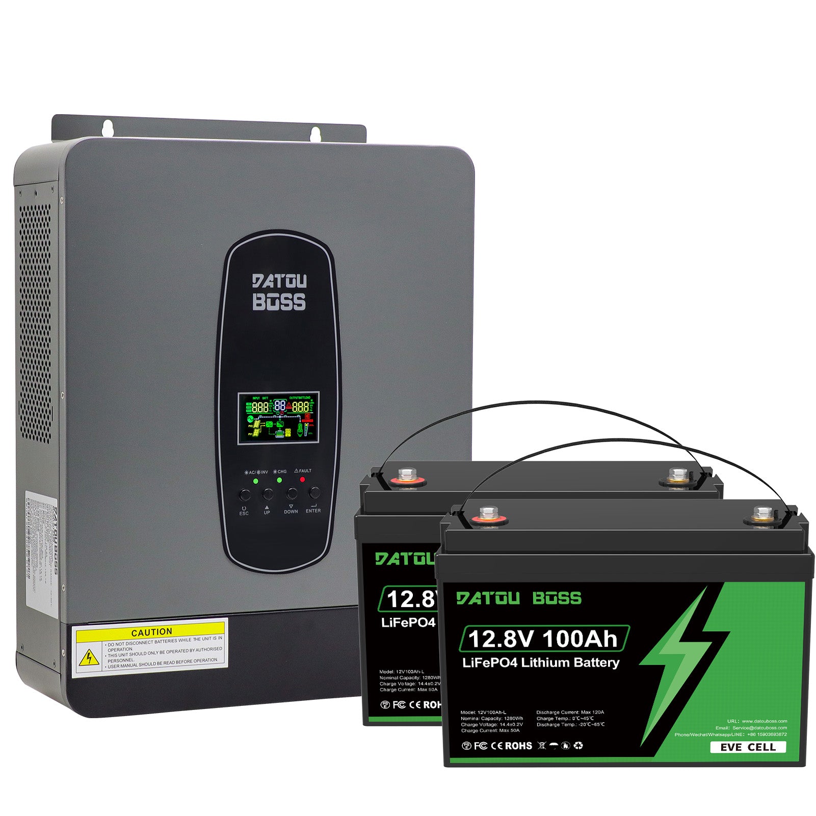 DATOUBOSS 24V 3kW 2,56kWh Solar-Heimspeicher-Backup-System für netzunabhängige Systeme mit 300Ah LiFePO4 (2x12V100Ah, EVE-Batteriezellen) + 3000W Hybrid-Wechselrichter (100A MPPT, reine Sinuswelle, 200A BMS) für Wohnmobile und Solaranlagen