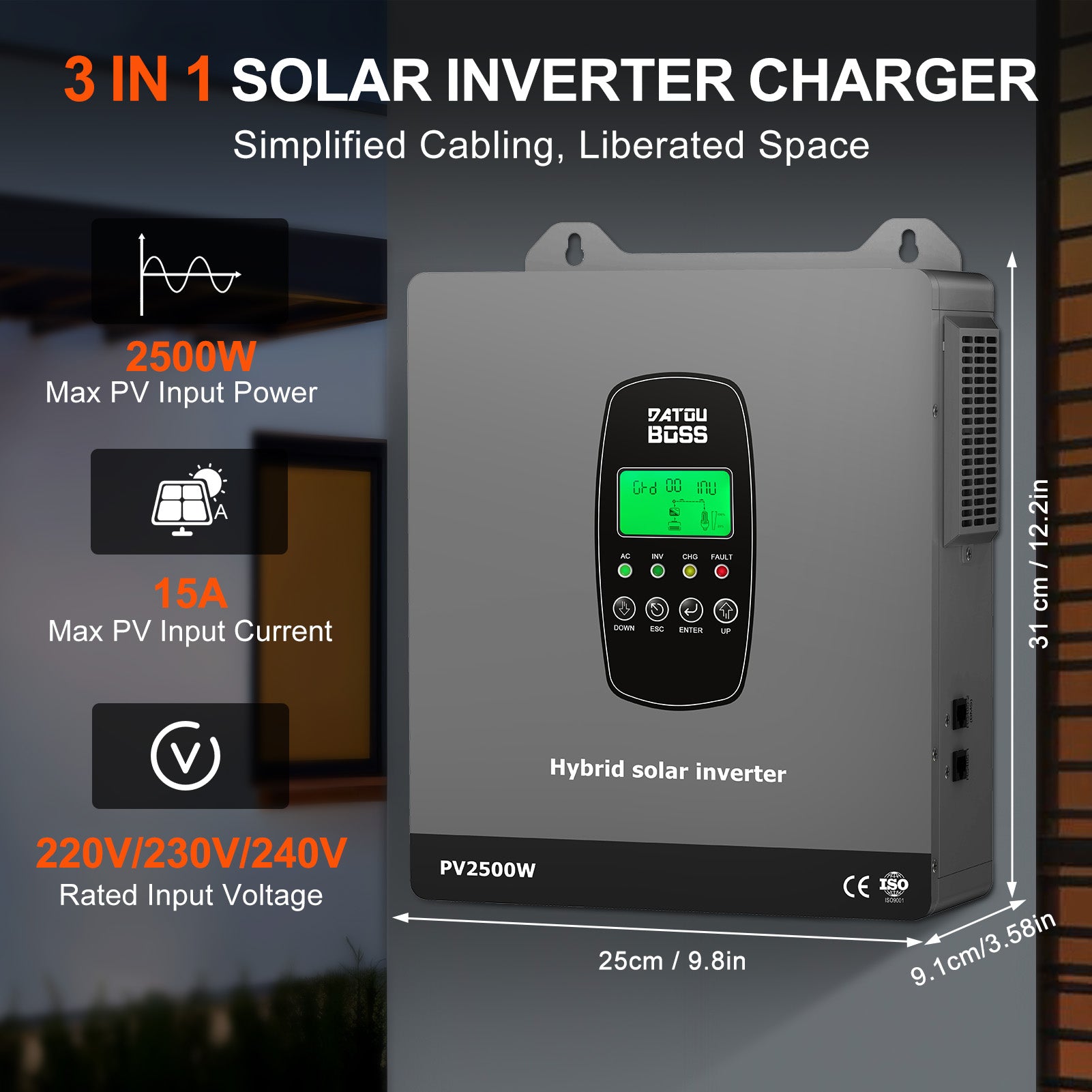 DATOUBOSS 1800W Hybrid Inverter 12V, Hybrid Solar Inverter On Grid, Supports Battery-Free Operation, 12V DC to 220/230V AC, BMS Protection System, with 150A MPPT for 12V Batteries