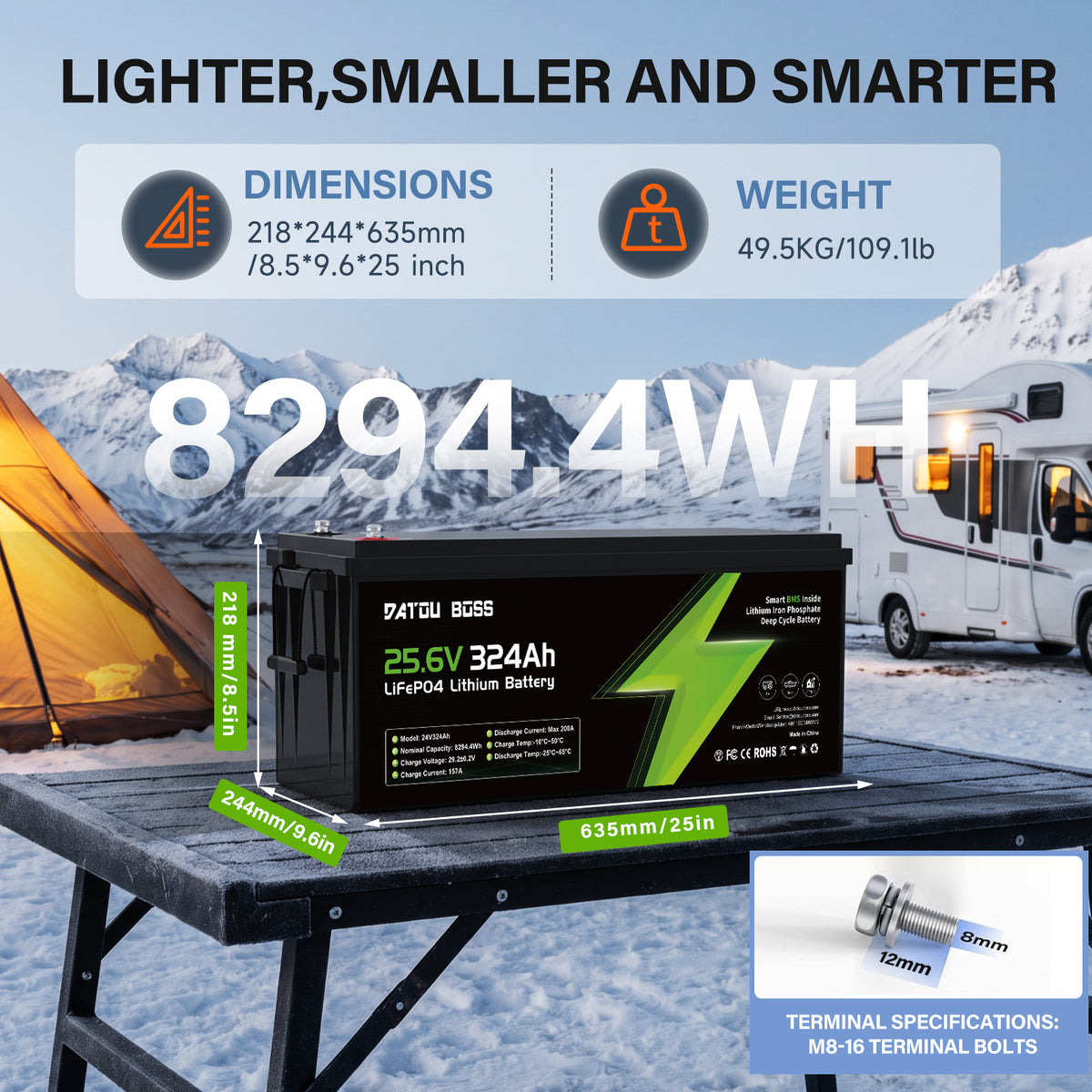 DATOUBOSS 24V 324Ah LiFePO4 Battery | 200A Smart BMS | Bluetooth & Low-Temp Protection | 15000 Cycles for RV, Solar