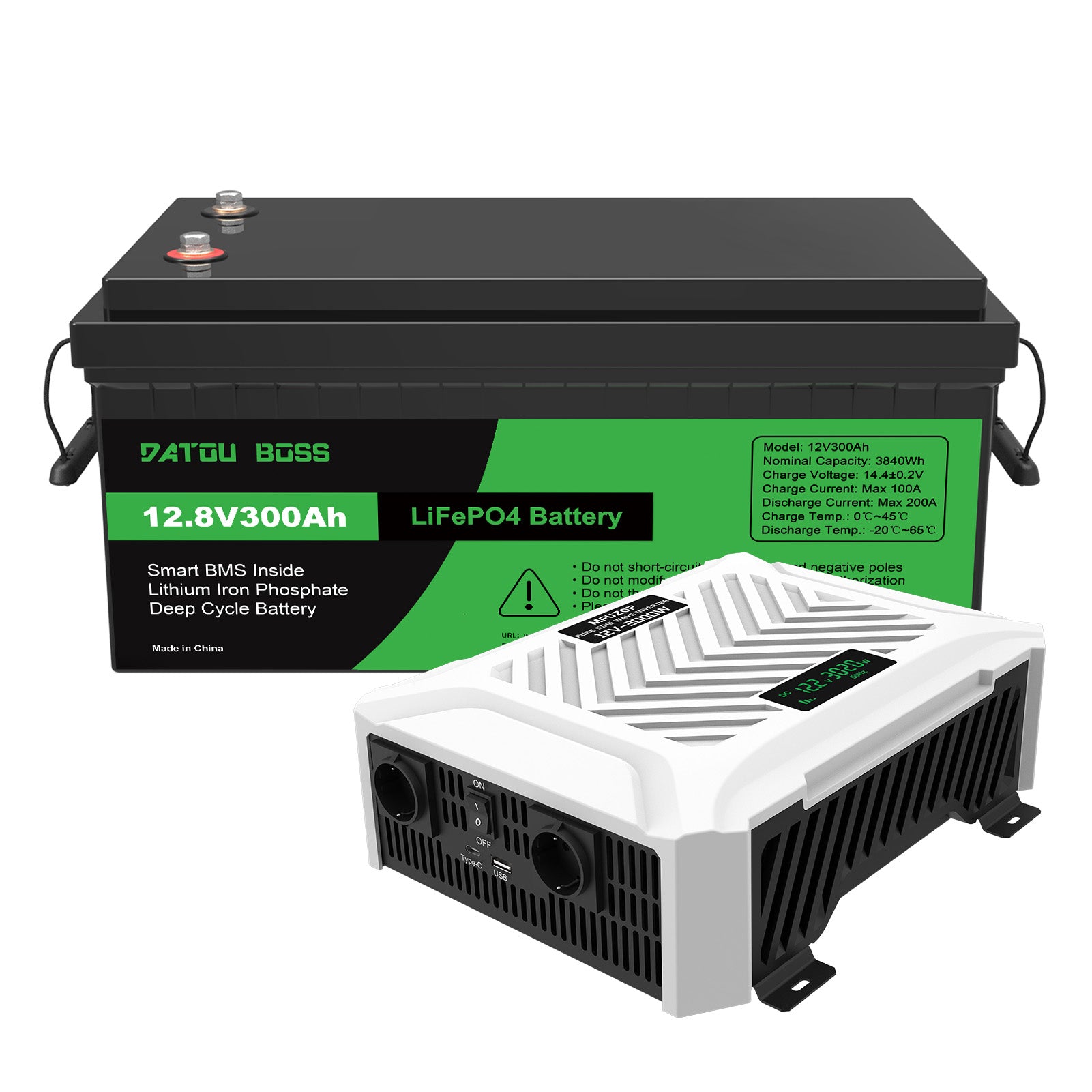 DATOUBOSS Power Duo: 3000W Inverter & 12V 300Ah LiFePO4 Battery with 200A BMS for RV, Solar, and Off-Grid Systems