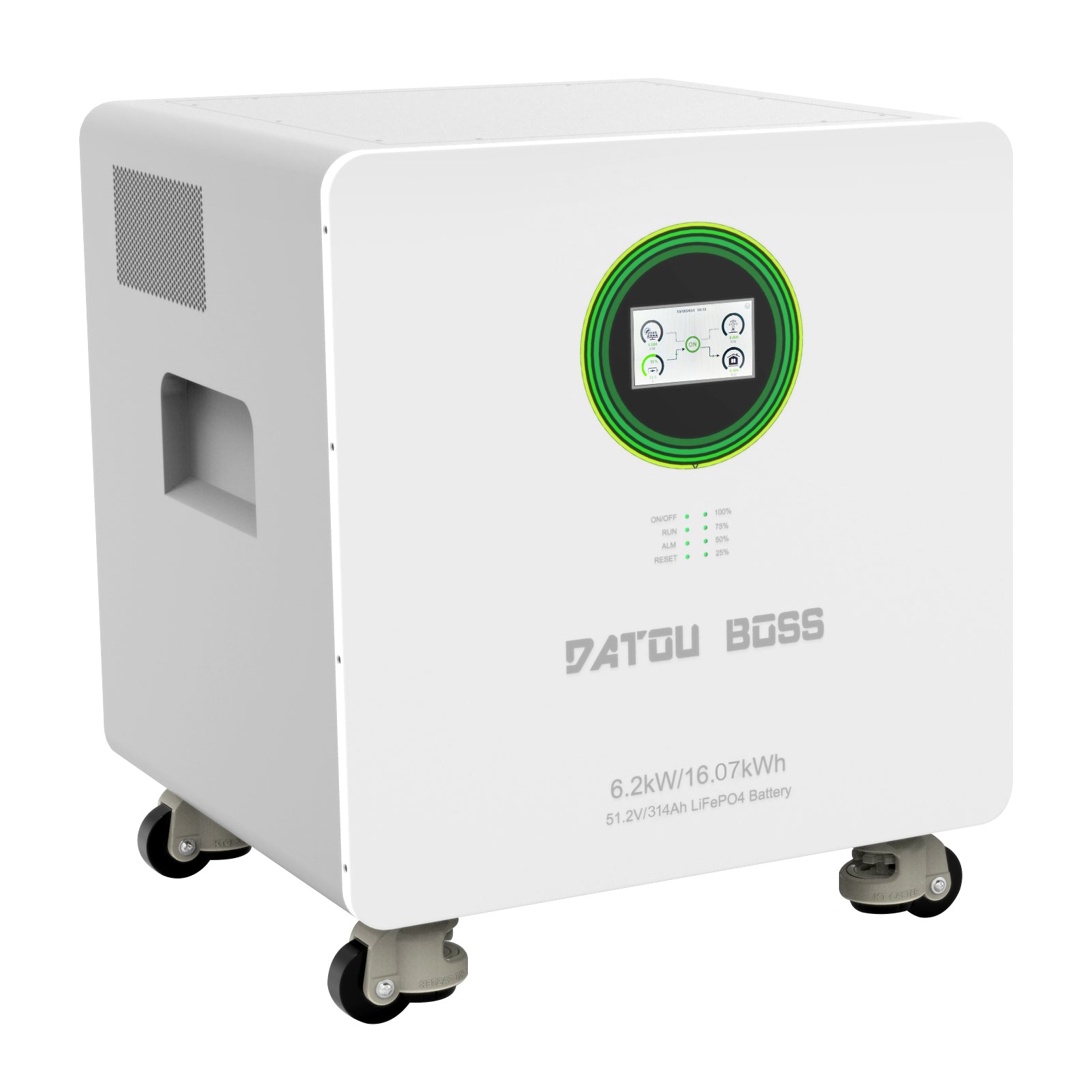 DATOUBOSS 48V 6200W Hybrid-Wechselrichter + 314Ah LiFePO4-Batterie Tragbares Netzteil mit abnehmbarem LCD-Touchscreen und Rädern, geeignet für Solarenergiespeichersysteme mit großer Kapazität/Wohnmobile/Hausenergiespeichersysteme.