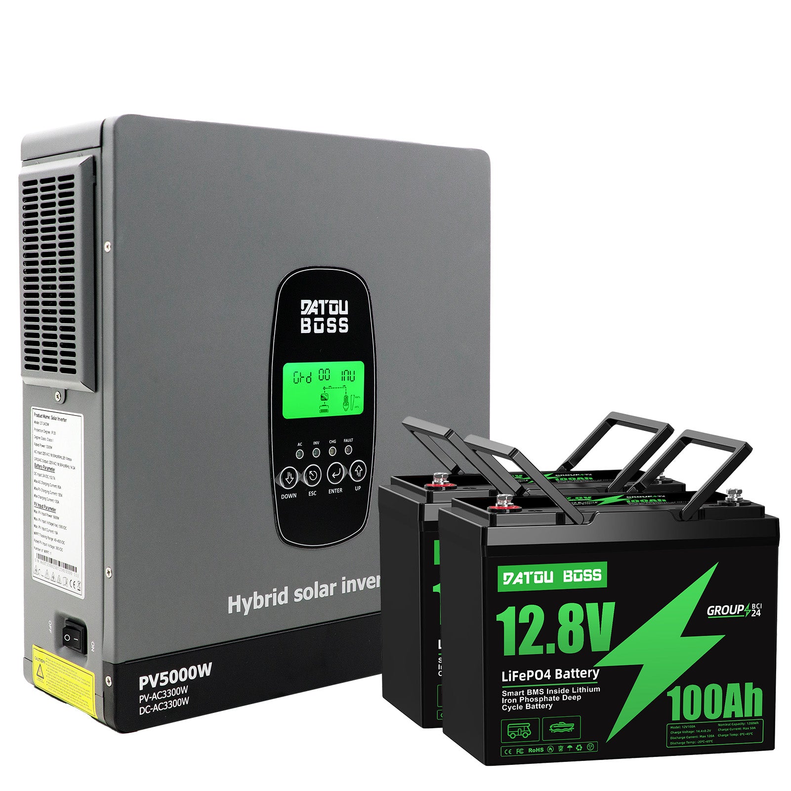 DATOUBOSS 24V 3.3kW 2.56kWh Solar Home Storage Backup Off Grid Kit 100Ah LiFePO4 (2x12V100Ah) + 3300W Hybrid Inverter 150A MPPT Pure Sine Wave, On Grid, 24V DC to 220/230V AC, BMS Protection System, for RV Solar Home System