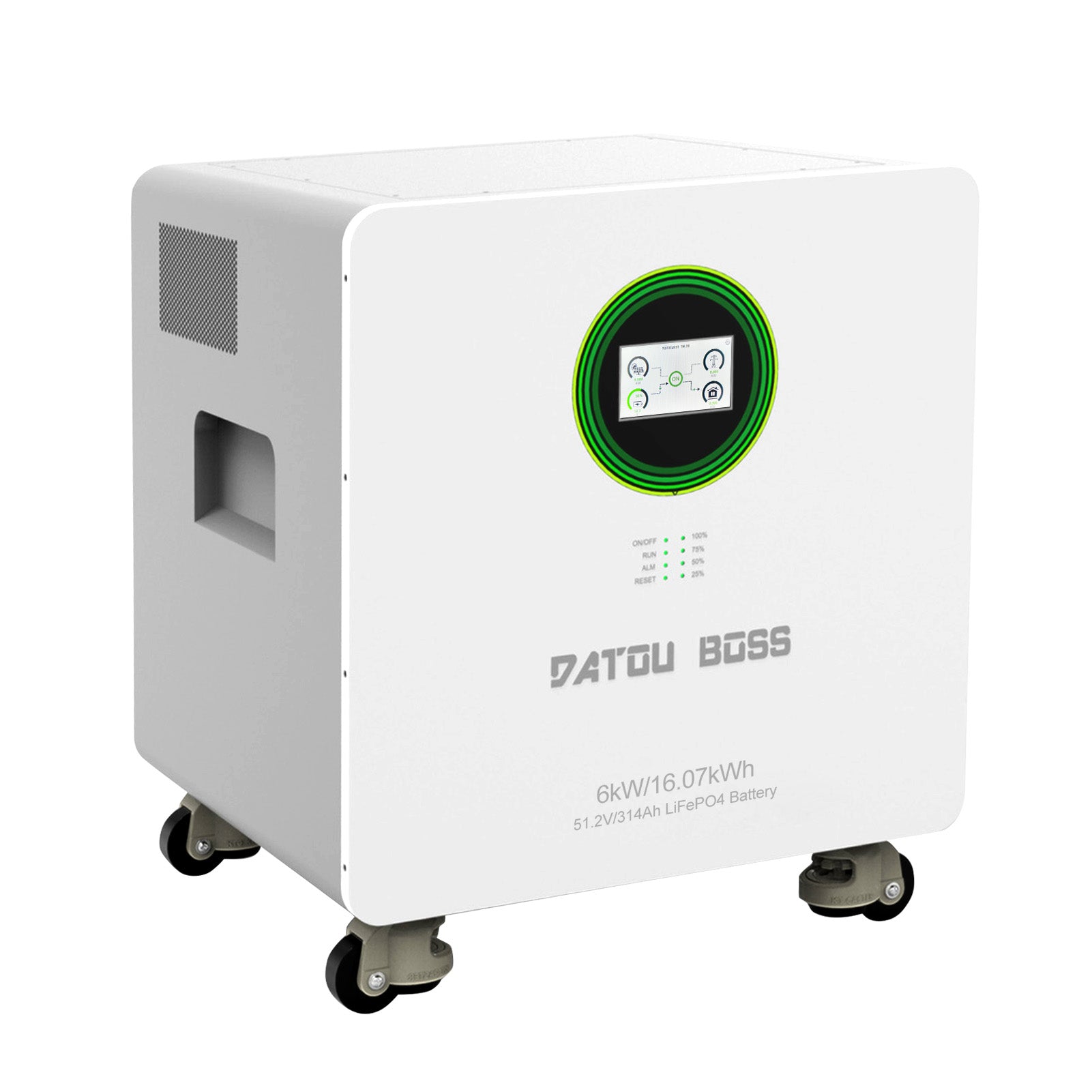 DATOUBOSS 48V 6000W Hybrid-Wechselrichter + 314Ah LiFePO4-Batterie Tragbares Netzteil mit LCD-Touchscreen, abnehmbar und Rädern, geeignet für Solarenergiespeichersysteme mit großer Kapazität/Wohnmobile/Hausenergiespeichersysteme.