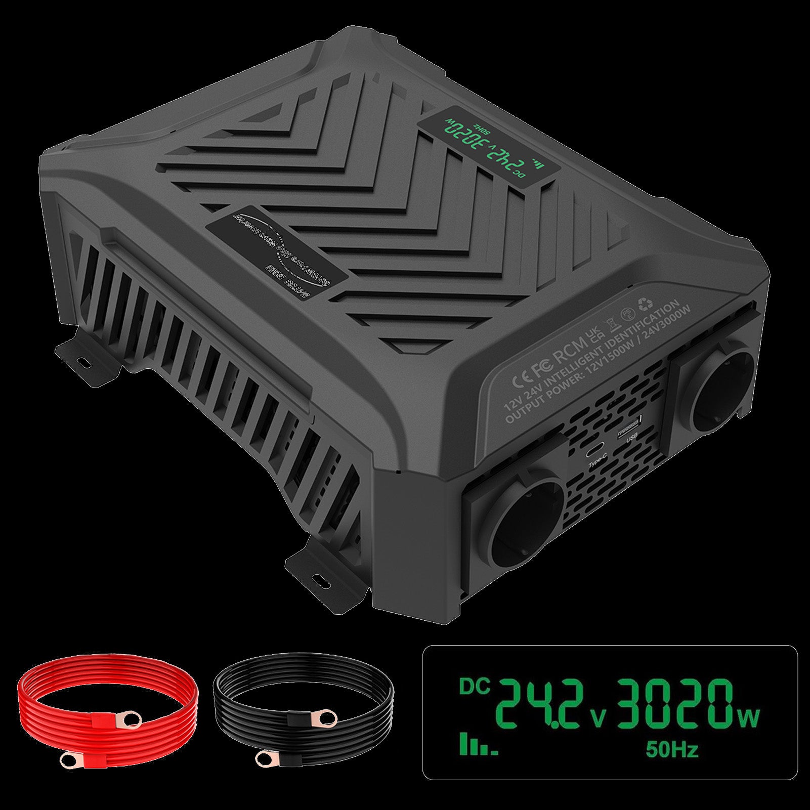 DATOUBOSS Universal Double Voltage Converter 1500W/3000W Pure Sine Wave Inverter, 12V/24V to 230V AC Voltage Converter, Peak Power 3000W/6000W Peak Power, with Intelligent Detection System & LCD Display & 2 EU Socket