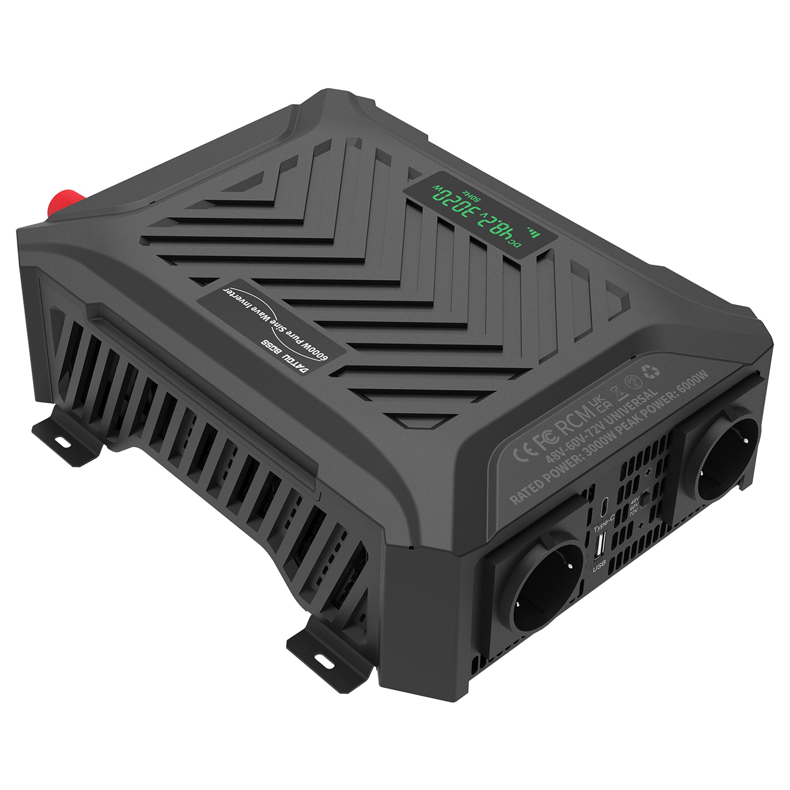 DATOUBOSS Universal-Spannungswandler 3000W Sinus-Wechselrichter, 48V/60V/72V auf 230V Wechselstrom, Spitzenleistung 6000W, mit intelligentem Erkennungssystem & LCD-Display & 2 EU-Steckdosen