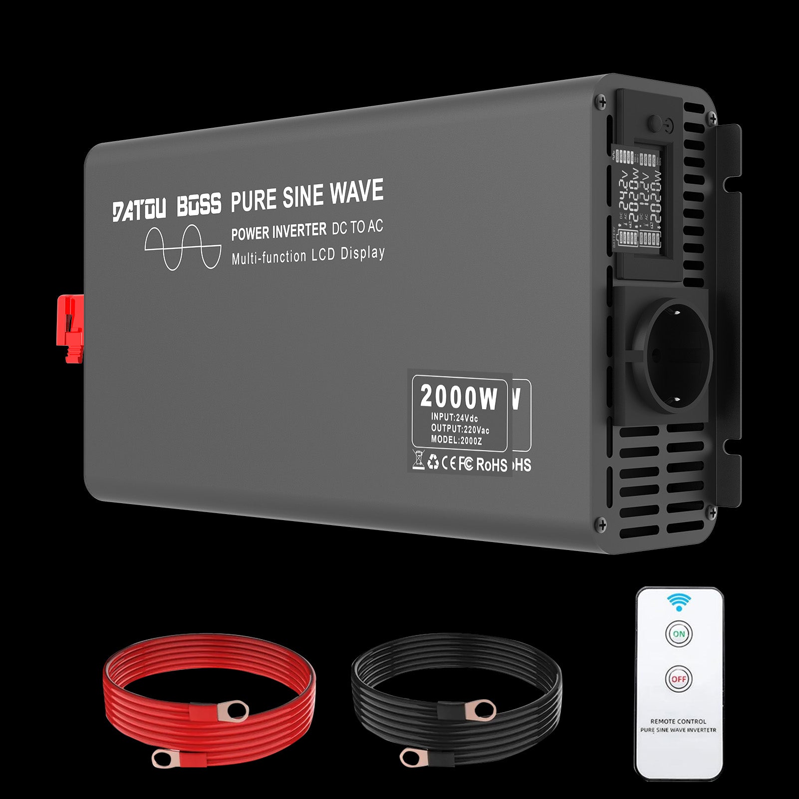 DATOUBOSS 2000W Pure Sine Wave Inverter, 24V to 230V AC Voltage Converter, Peak Power 4000W with 1 EU Plug, LCD Display and Radio Remote Control for Trucks, Motorhomes, Home, Camping, Household