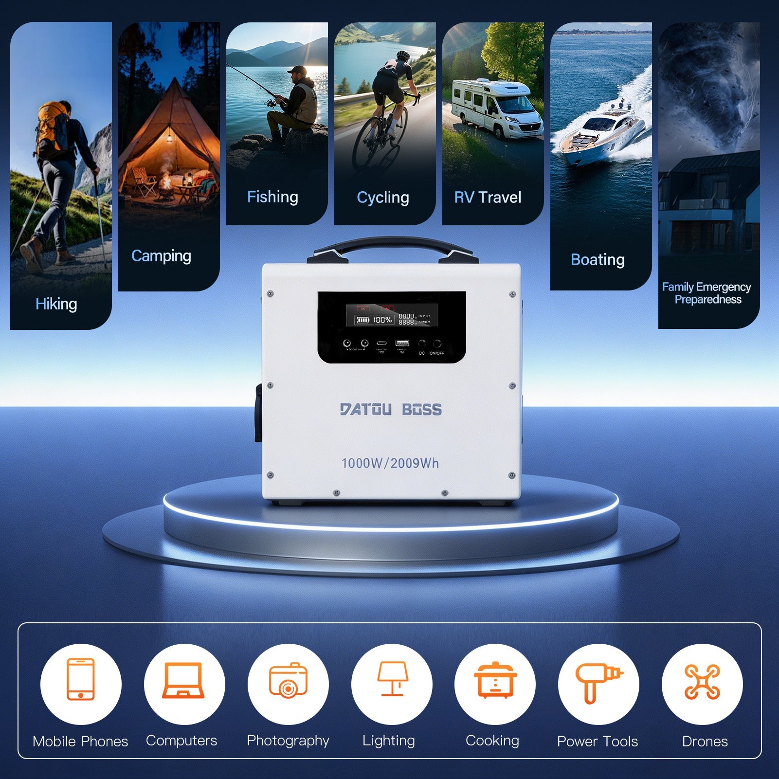 DATOUBOSS 1000W 2009Wh 230V Pure Sine Wave Portable Power Station with 550W MPPT, UPS Backup, 30W Type - C & 18W QC USB for Home Backup, RV & Camping - DATOUBOSS Rechargeable Lifepo4 Batteries Voltage Converters InverterSP-DT-JC-1020-A-EU