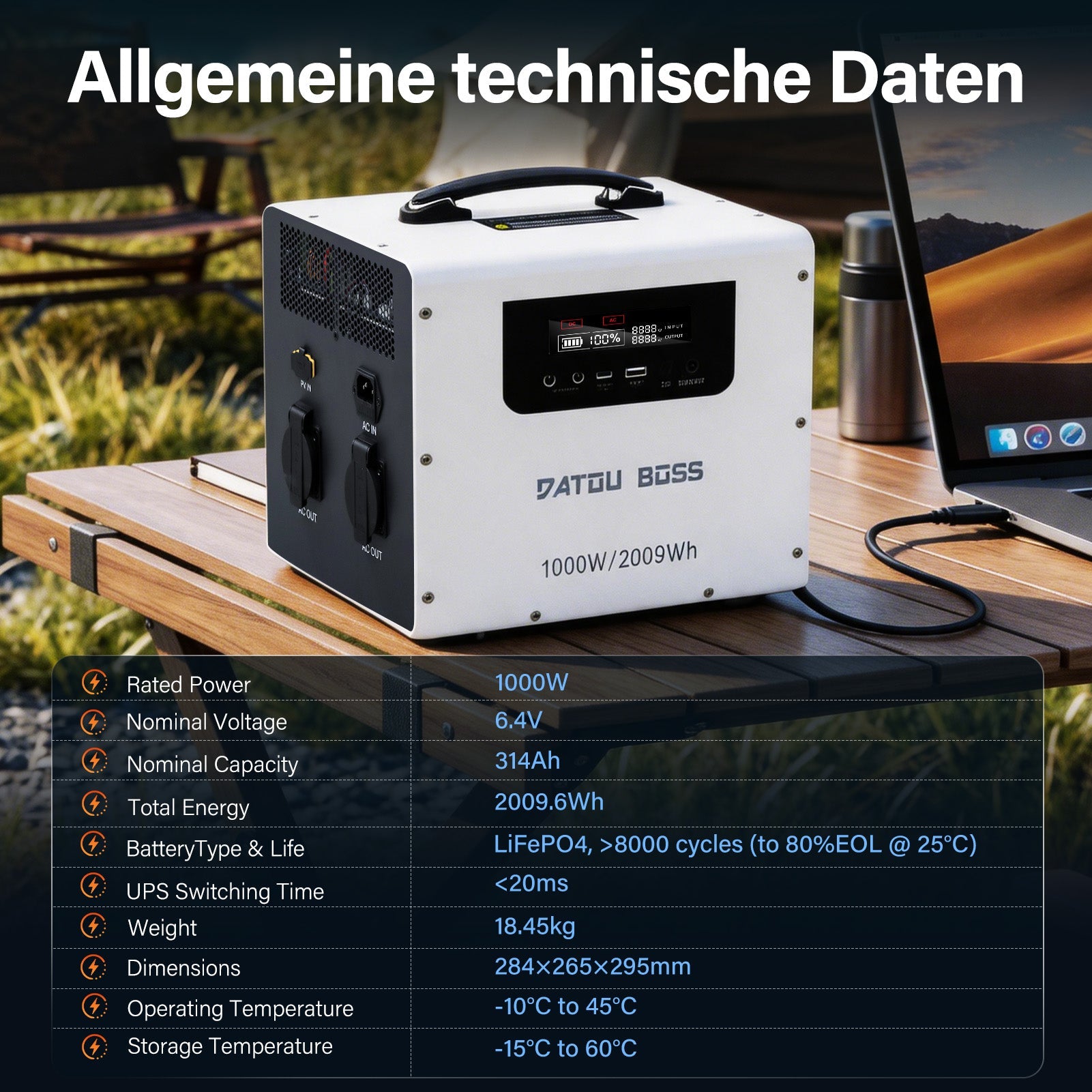 DATOUBOSS 1000W 2009Wh 230V Pure Sine Wave Portable Power Station with 550W MPPT, UPS Backup, 30W Type - C & 18W QC USB for Home Backup, RV & Camping - DATOUBOSS Rechargeable Lifepo4 Batteries Voltage Converters InverterSP-DT-JC-1020-A-EU