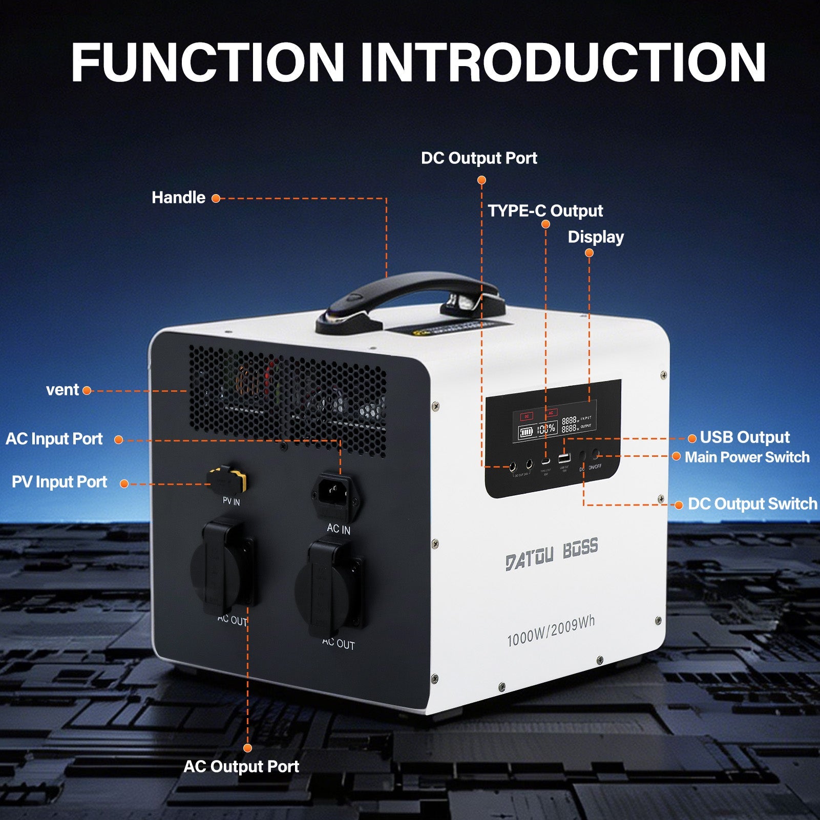 DATOUBOSS 1000W 2009Wh 230V Pure Sine Wave Portable Power Station with 550W MPPT, UPS Backup, 30W Type - C & 18W QC USB for Home Backup, RV & Camping - DATOUBOSS Rechargeable Lifepo4 Batteries Voltage Converters InverterSP-DT-JC-1020-A-EU