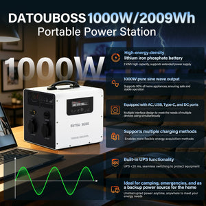 DATOUBOSS 1000W 2009Wh 230V Pure Sine Wave Portable Power Station with 550W MPPT, UPS Backup, 30W Type - C & 18W QC USB for Home Backup, RV & Camping - DATOUBOSS Rechargeable Lifepo4 Batteries Voltage Converters InverterSP-DT-JC-1020-A-EU