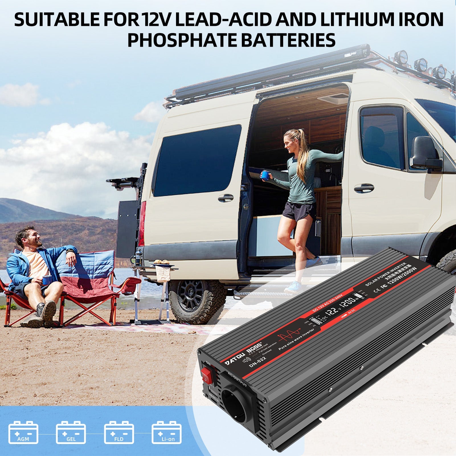 DATOUBOSS pure sine wave inverter for RV van life, compatible with various 12V battery types for off-grid travel