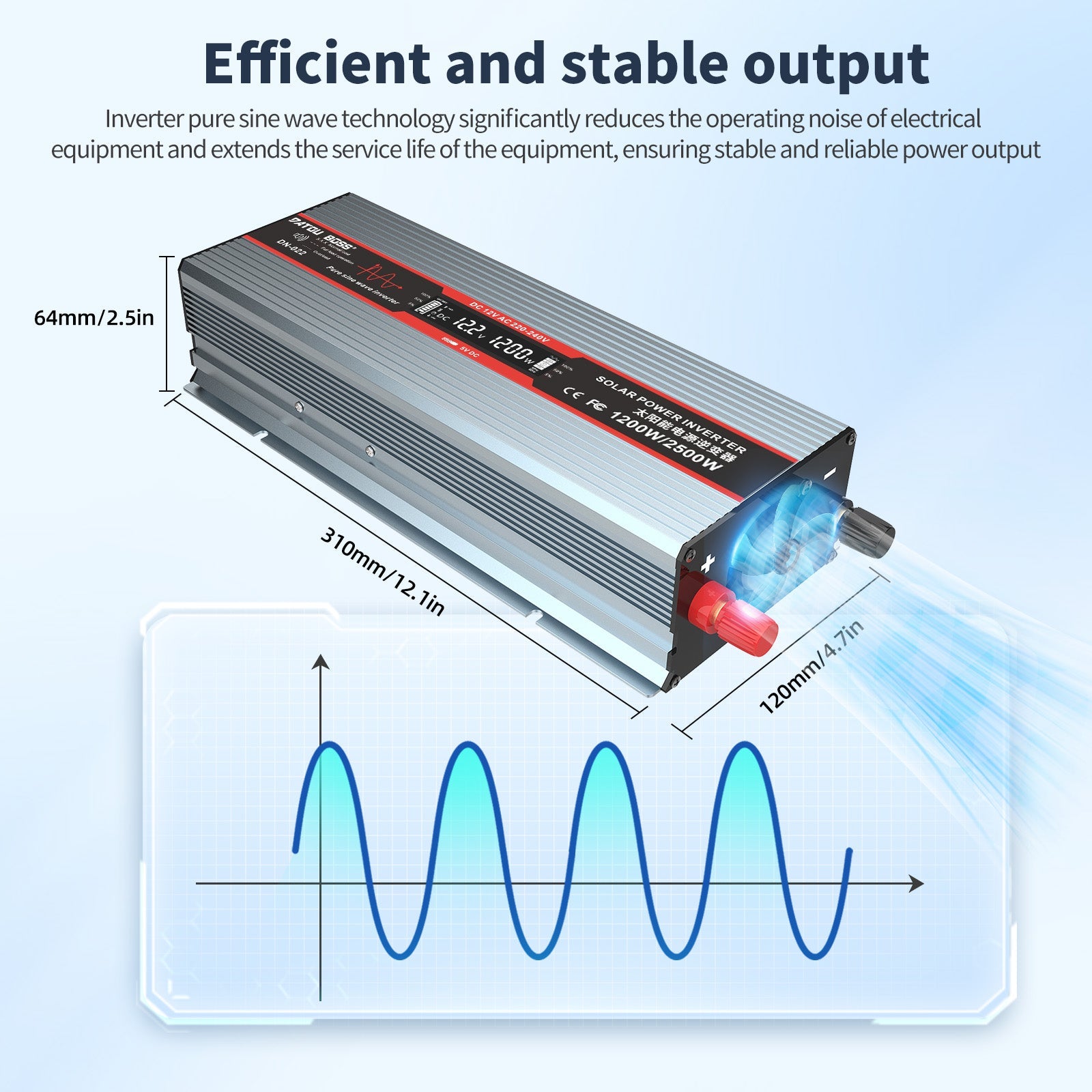 DATOUBOSS 12V 1200W/2500W Inverter: Pure Sine Wave Output, Cooling Fan, Size 310x120x64mm for Car