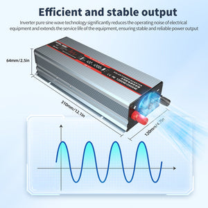 DATOUBOSS 12V 1200W/2500W Inverter: Pure Sine Wave Output, Cooling Fan, Size 310x120x64mm for Car