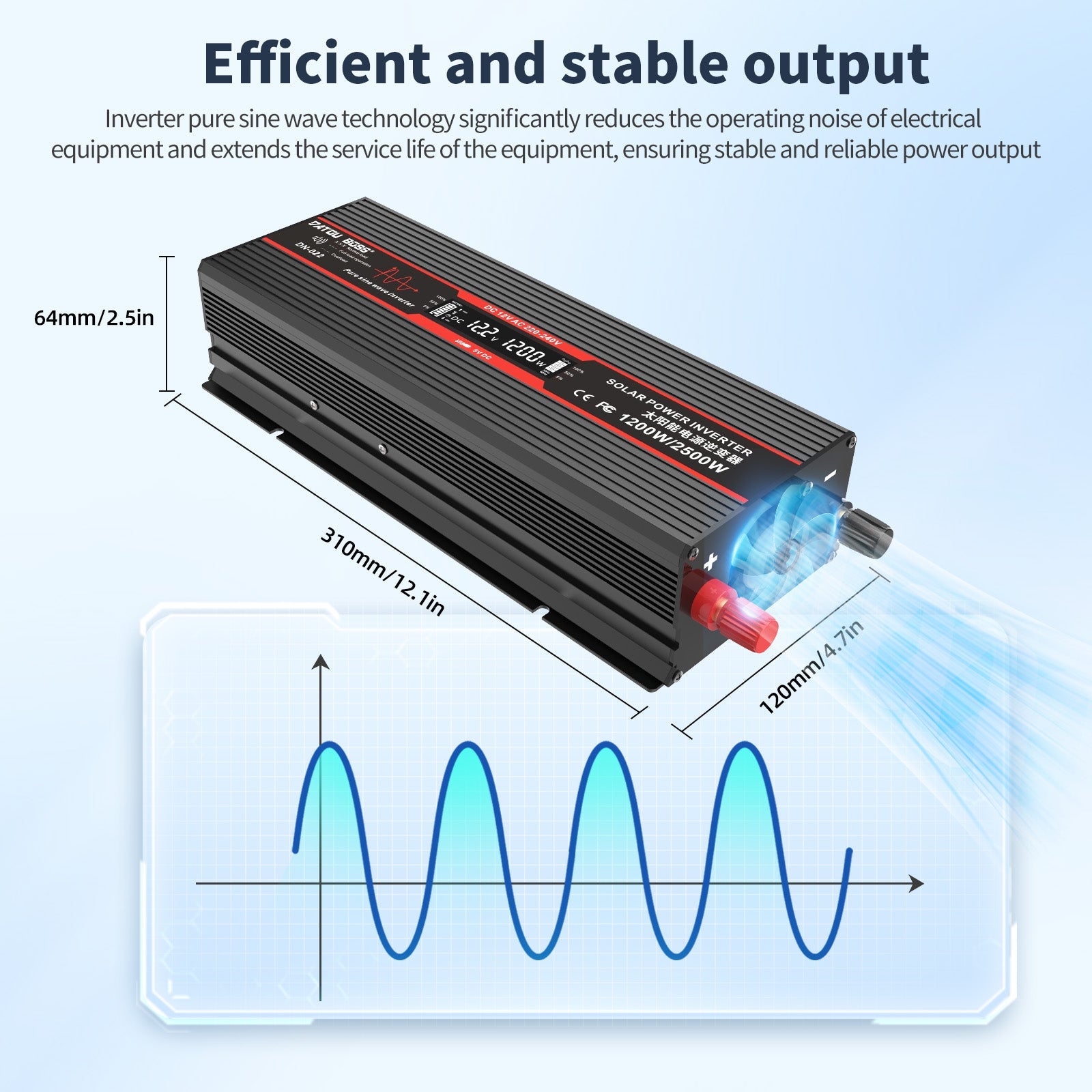 DATOUBOSS 1200W Pure Sine Wave Inverter (12.1x4.7x2.5in), stable output with low noise for sensitive electronics