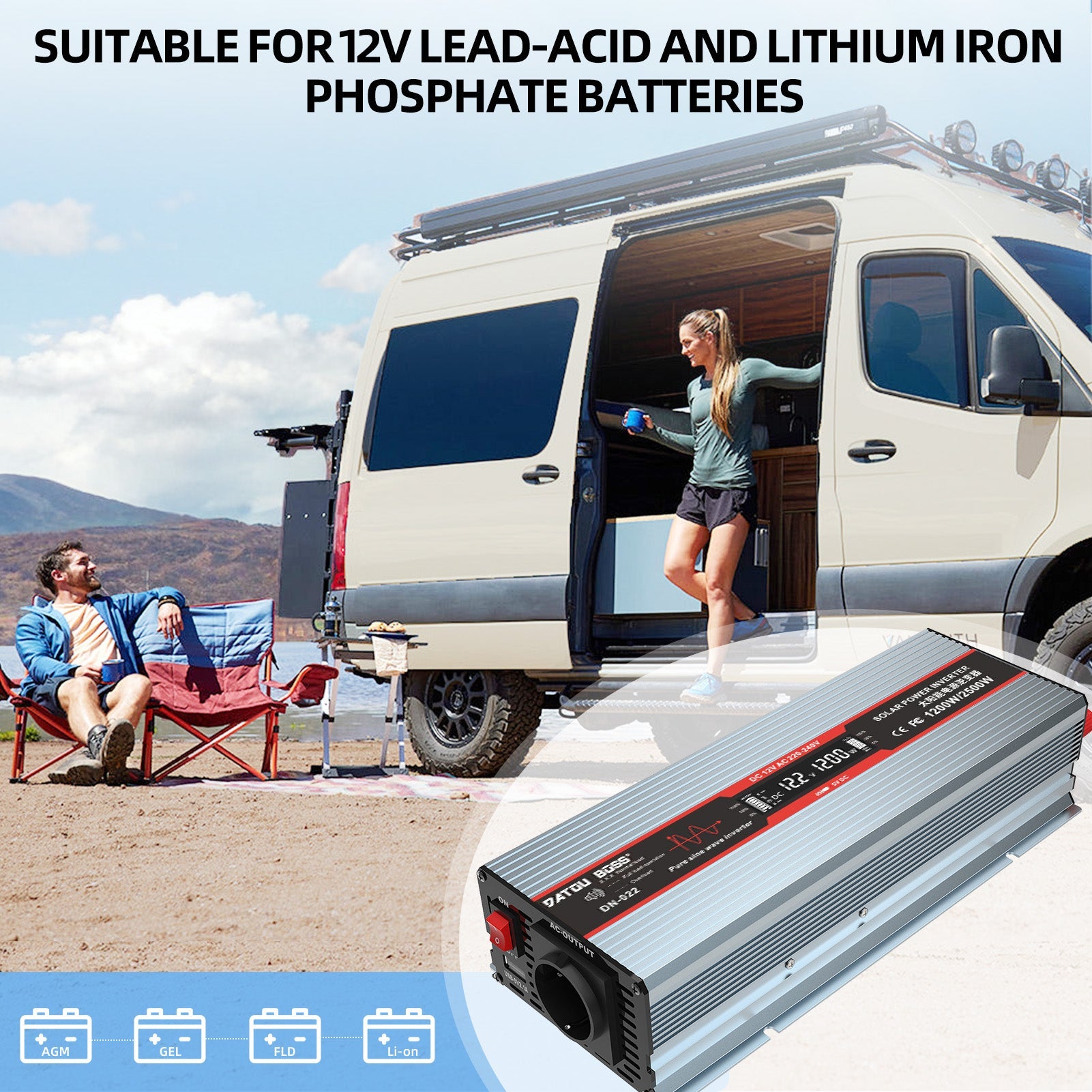 DATOUBOSS 1200W Inverter for 12V Lead-Acid and LiFePO4 Lithium Batteries, Ideal for RV Camping and Off-grid Solar Power