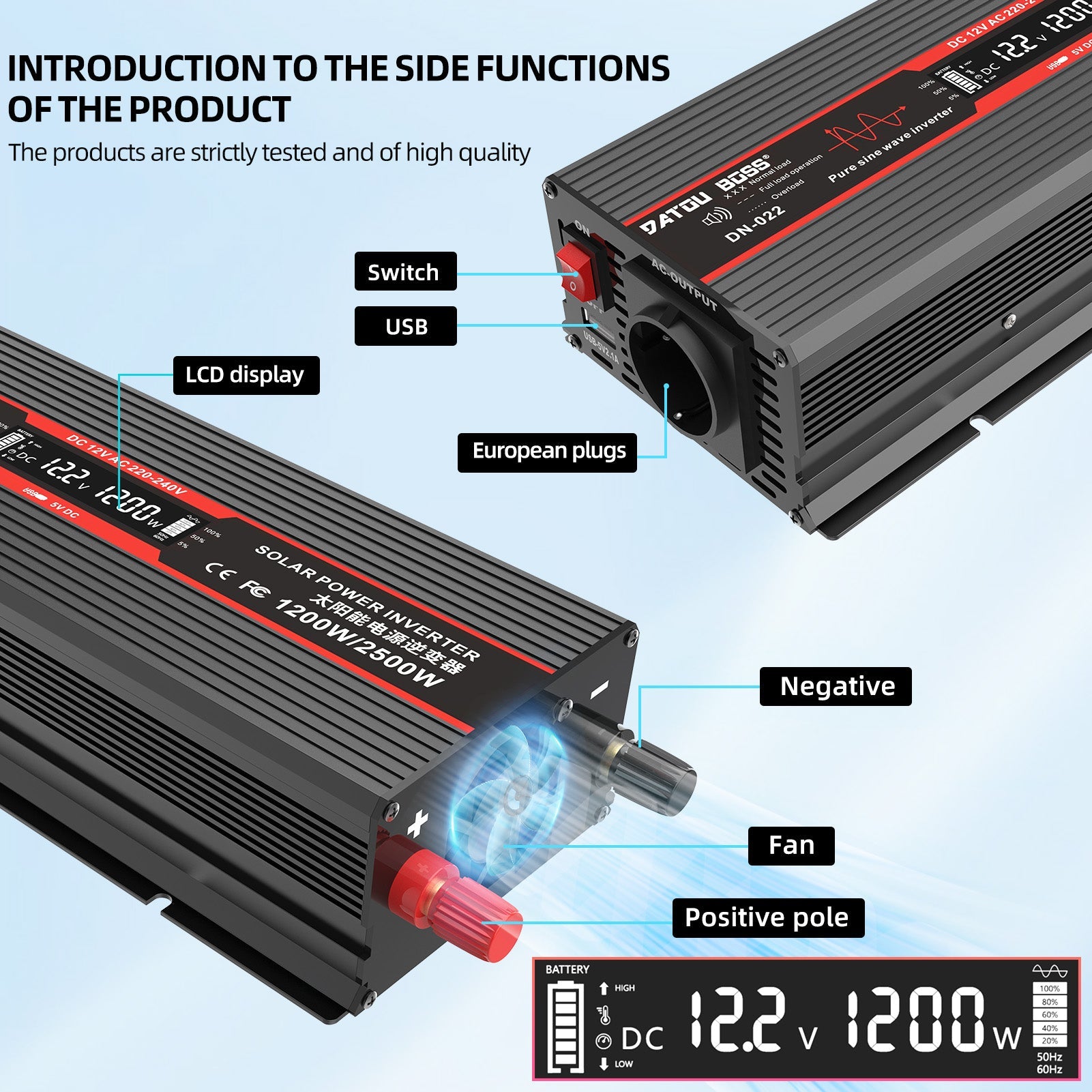 DATOUBOSS solar inverter featuring smart LCD screen, USB charging, and cooling fan for stable 12V to 220V conversion