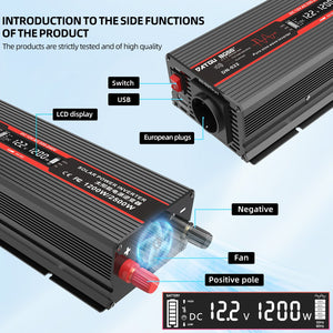 DATOUBOSS solar inverter featuring smart LCD screen, USB charging, and cooling fan for stable 12V to 220V conversion