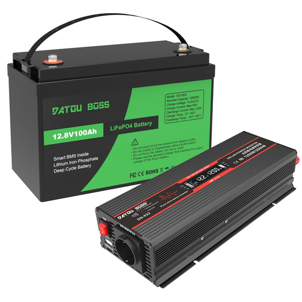 DATOUBOSS 12.8V 100Ah LiFePO4 battery and 1200W pure sine wave inverter combo, built-in smart BMS