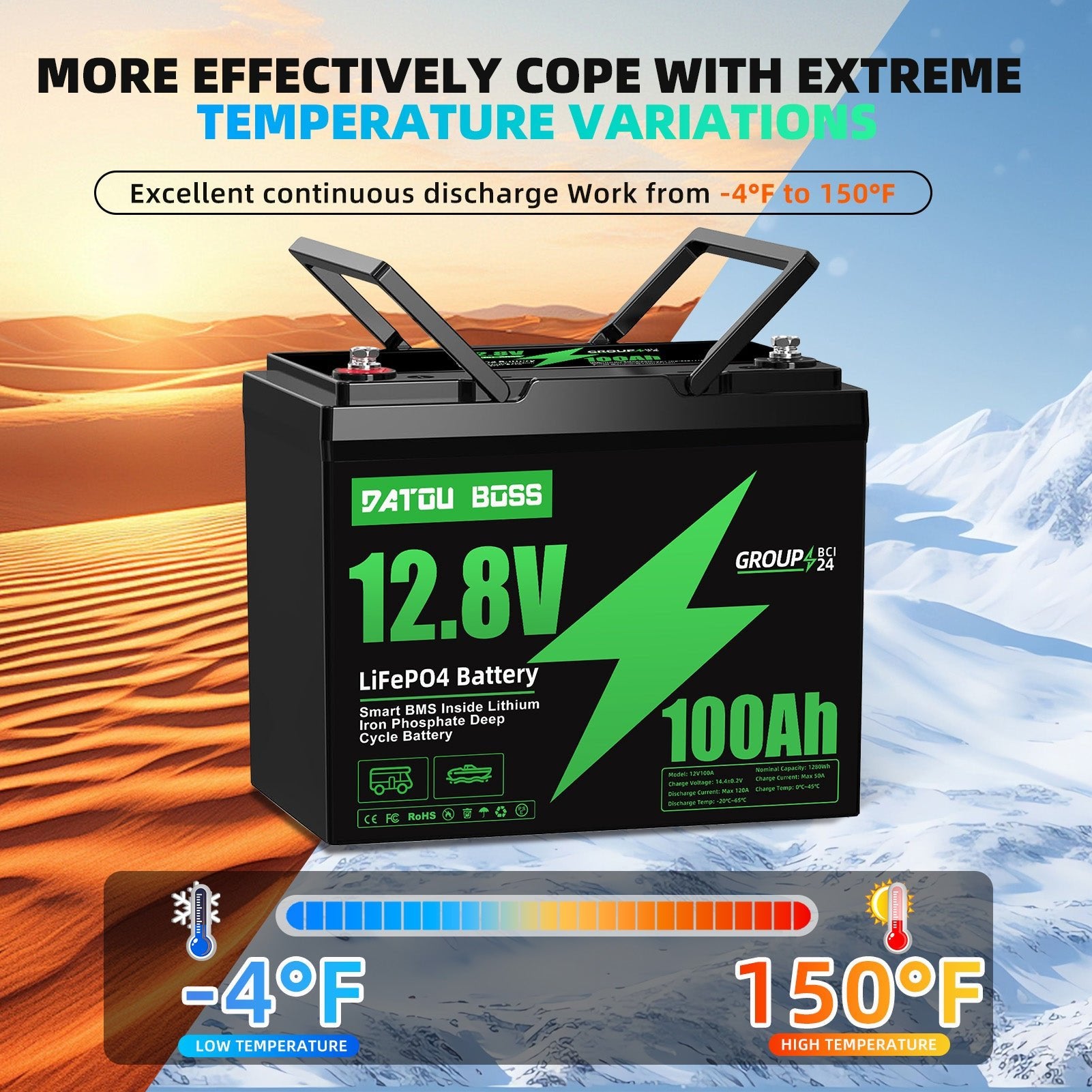 DATOUBOSS 12.8V 100Ah LiFePO4 battery works in extreme temperatures from -4°F to 150°F for RV solar