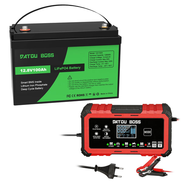 DATOUBOSS 12V 100Ah LiFePO4 Battery with 100A BMS + 12V15A - 24V8A Smart Battery Charger (EU Standard) for RV Solar & Home System - DATOUBOSS Rechargeable Lifepo4 Batteries Voltage Converters InverterSP-DT-12V100A-G21508-A01-EU