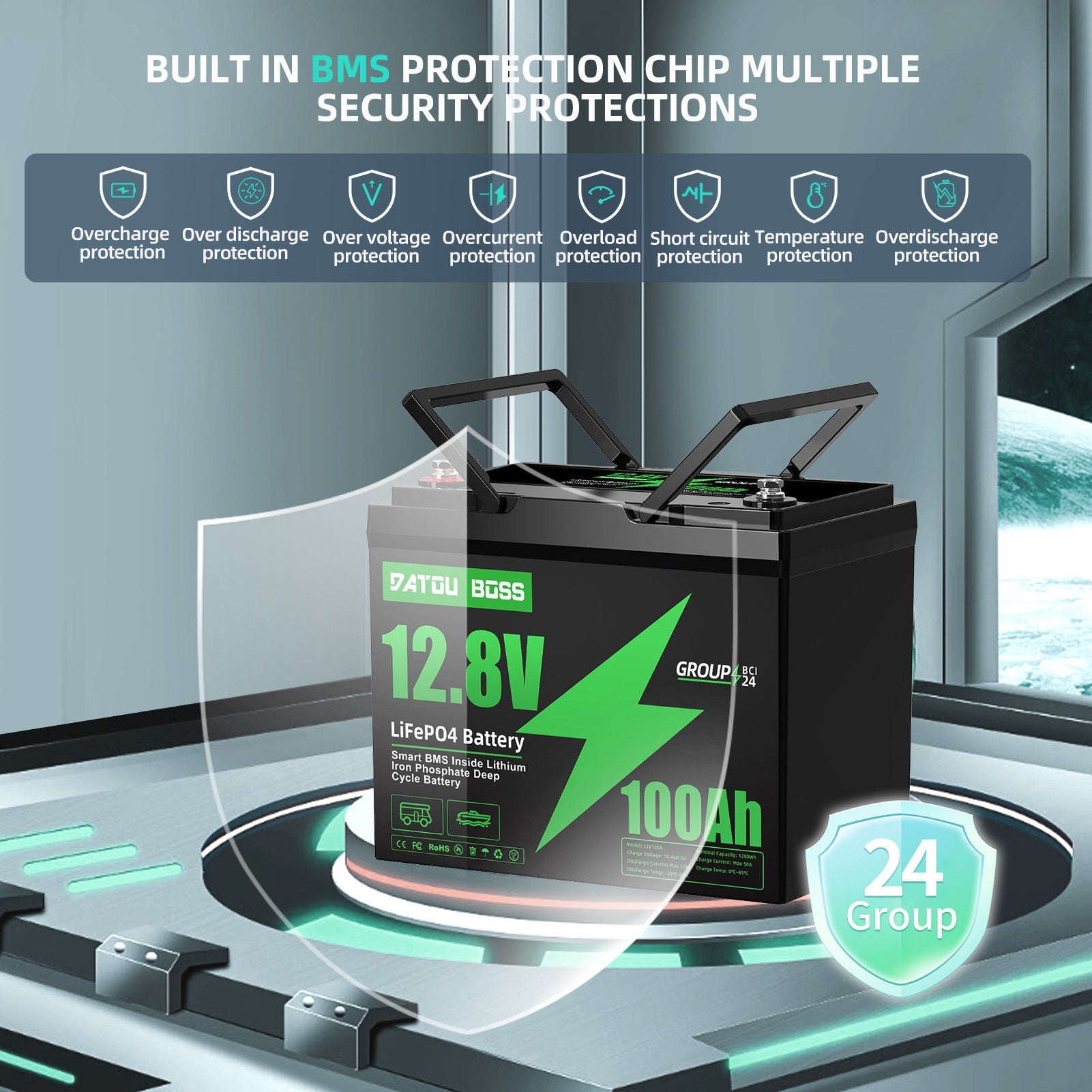 DATOUBOSS Group 24 LiFePO4 battery 12V 100Ah with smart BMS protection chip for reliable solar power