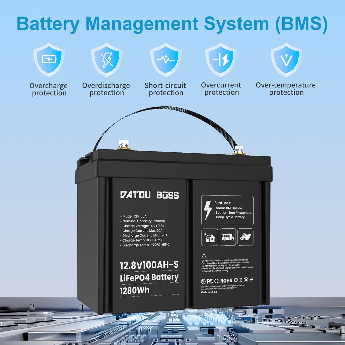 DATOUBOSS 12V 100Ah LiFePO4 Battery with 100A BMS + 12V15A Smart Battery Charger for RV Solar & Home System - DATOUBOSSSP-DT-12100-S01-G21508-EU