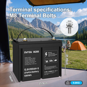 DATOUBOSS 12V 100Ah LiFePO4 Battery with 100A BMS + 12V15A Smart Battery Charger for RV Solar & Home System - DATOUBOSSSP-DT-12100-S01-G21508-EU