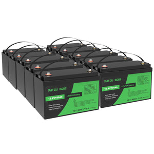 DATOUBOSS 12V 100Ah LiFePO4 battery 10-pack bundle, 12.8kWh energy for massive off-grid solar storage.
