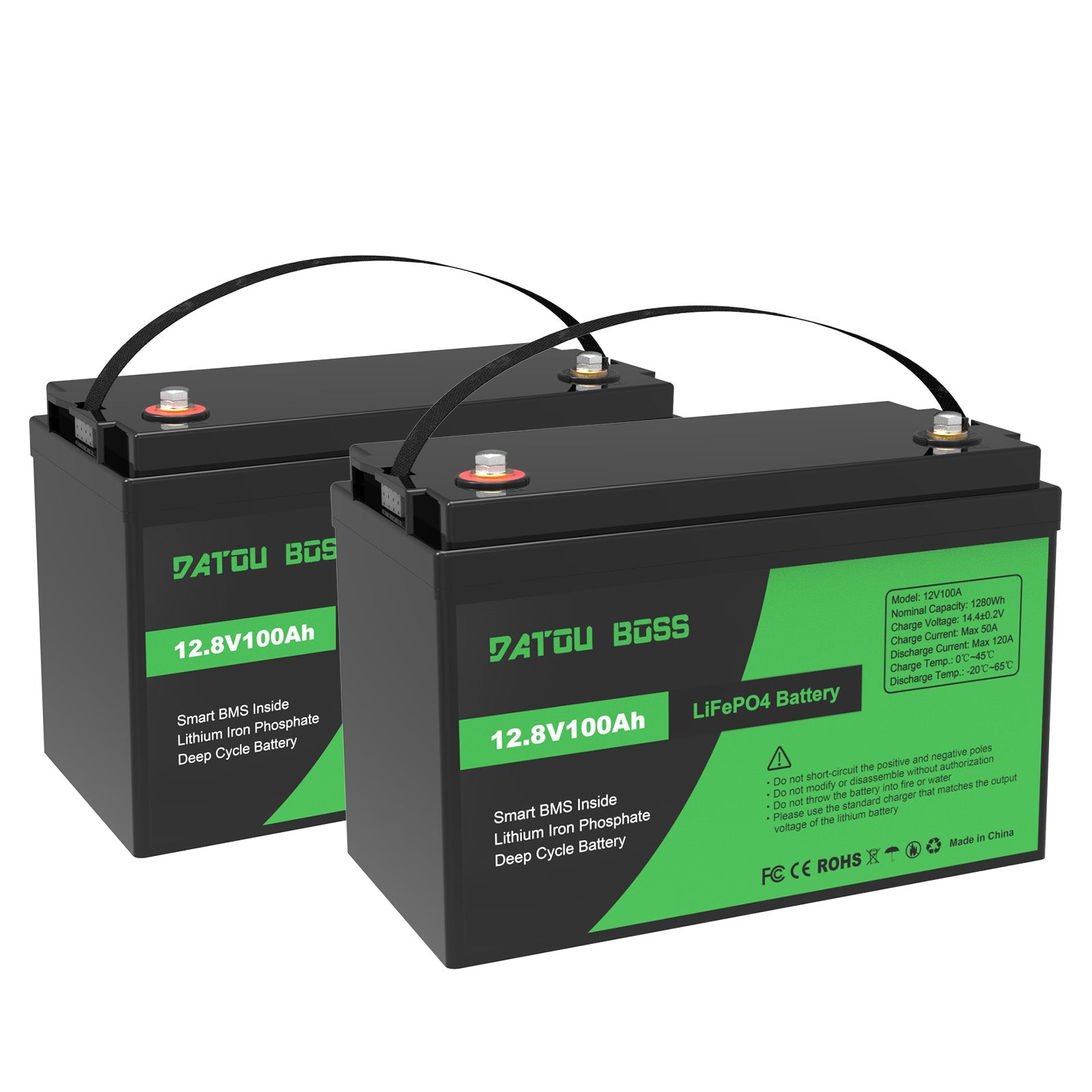 DATOUBOSS 12V 100Ah LiFePO4 battery 2-pack set with 100A BMS for 24V or 12V solar energy systems