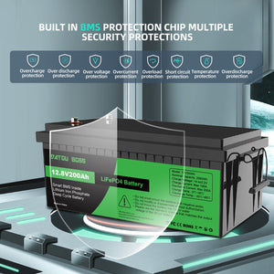 DATOUBOSS 200Ah Lithium battery featuring multiple security protections: overcurrent, overload, and temperature control