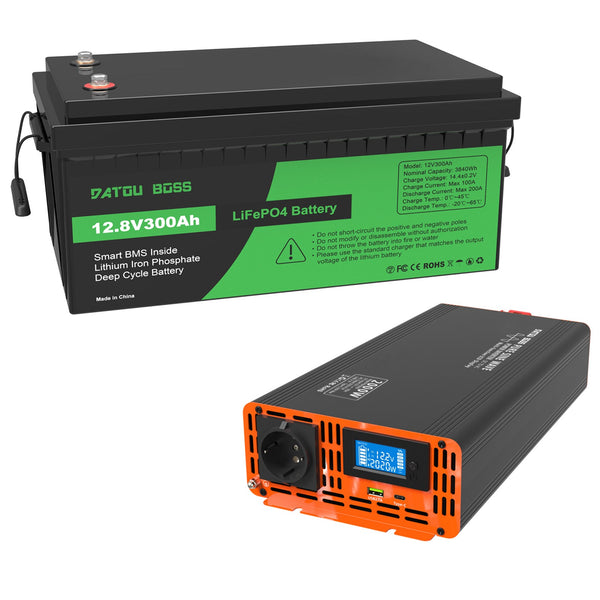 DATOUBOSS 12V 300Ah LiFePO4 Battery with 200A BMS + 2000W Pure Sine Wave Inverter 12V to 230V, 4000W Peak, EU Socket, LCD Display, USB & Type - C, for RV, Home, Truck & Off - Grid Solar System - DATOUBOSS Rechargeable Lifepo4 Batteries Voltage Converters InverterSP-DT-PSW2000W-12V-12V300A-A01-EU