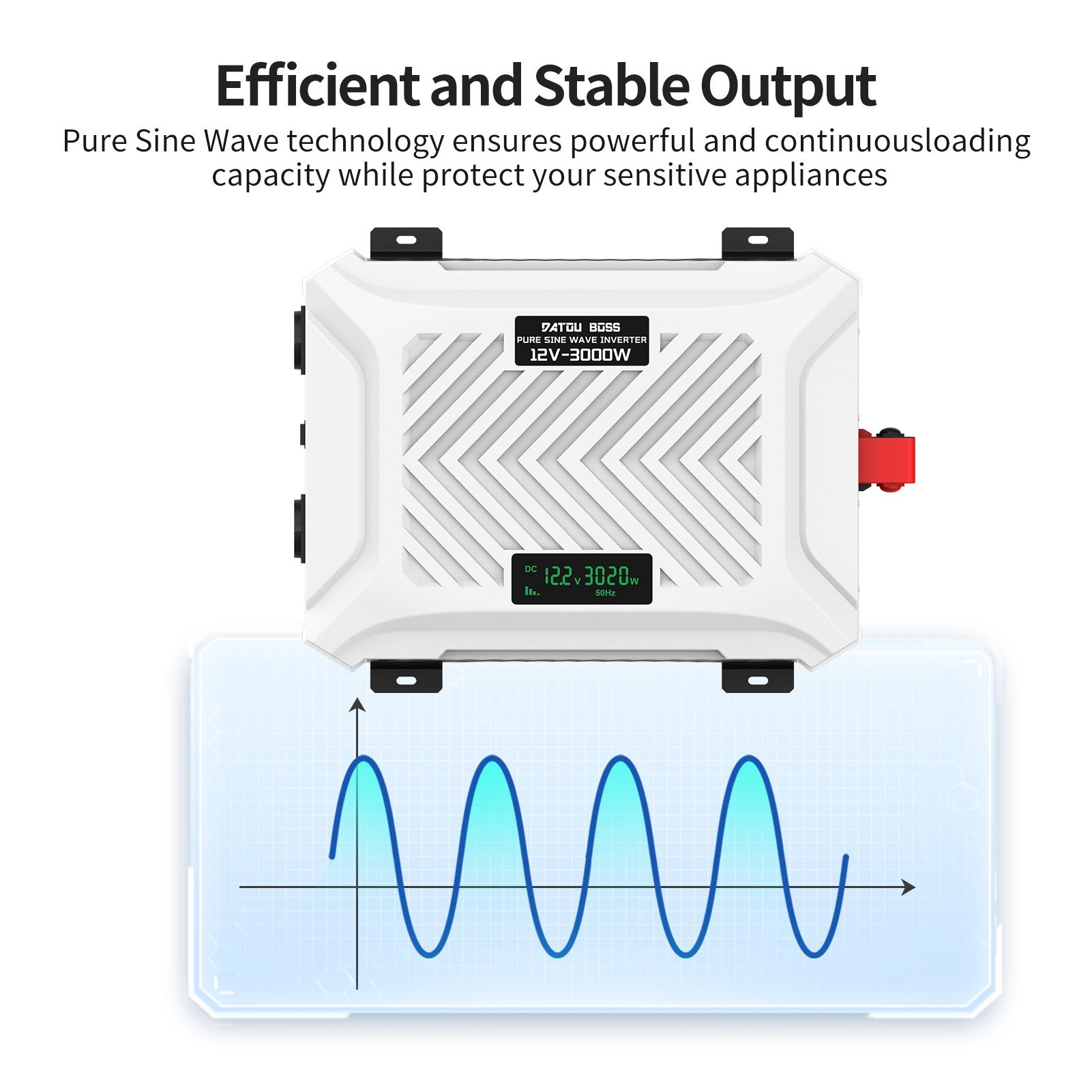 DATOUBOSS 12V 300Ah LiFePO4 Battery with 200A BMS Deep Cycle + 3000W Pure Sine Wave Inverter with 6000W Peak Power, Intelligent Detection & LCD Display, 2 EU Sockets for Off - Grid Living, RV Adventures, Solar Systems, and Emergency Power Solutions - DATOUBOSS Rechargeable Lifepo4 Batteries Voltage Converters InverterSP-DT-12V300A-PSWE3000W-12V-A-EU