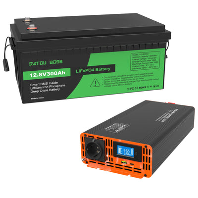 Batteria al litio DATOUBOSS 12V 300Ah LiFePO4 con 200A BMS + inverter a onda sinusoidale pura da 1500W da 12V a 230V, picco 3000W, presa UE, display LCD, USB & Tipo C, per camper, casa & Sistema solare off-grid