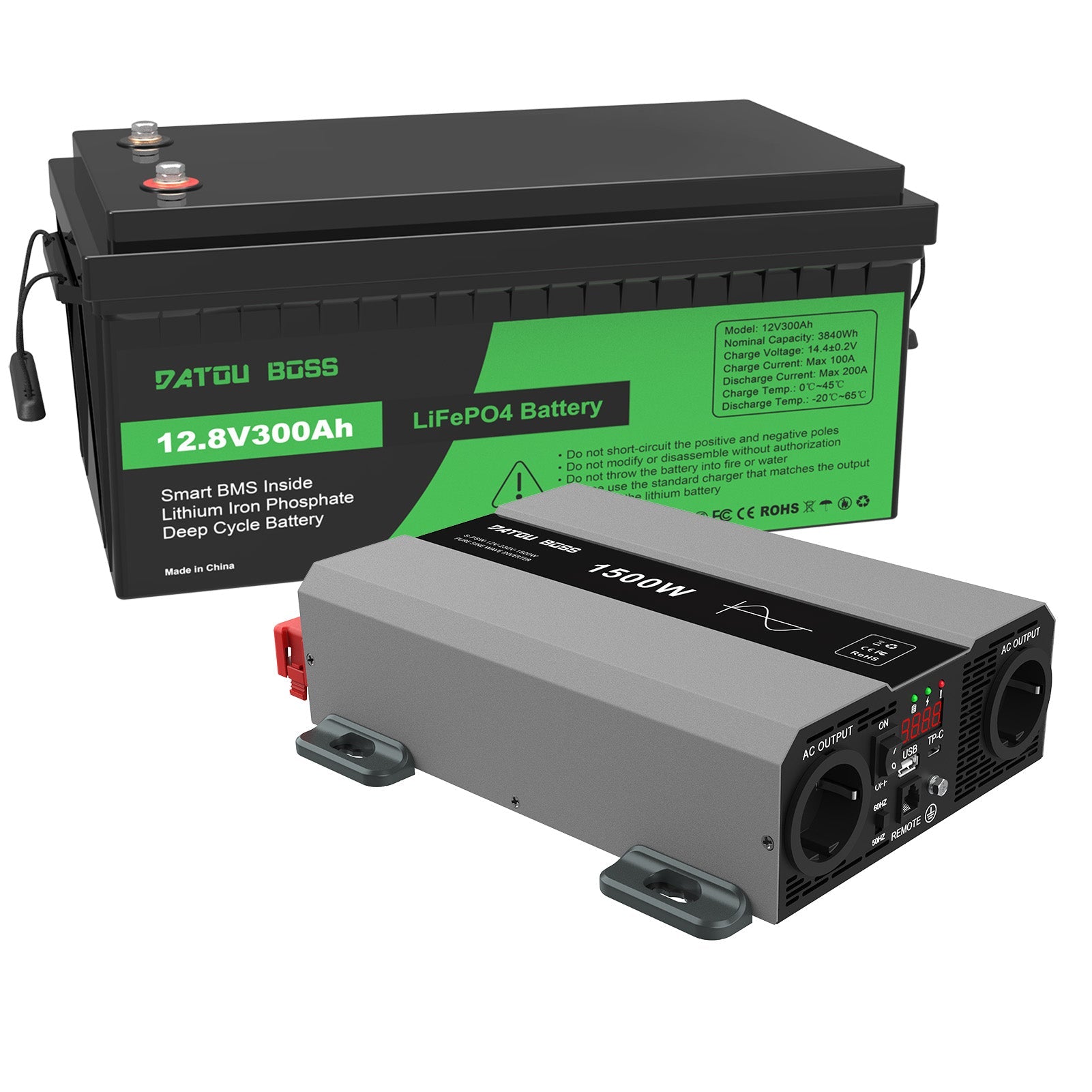 DATOUBOSS 12V 300Ah LiFePO4 Lithium Battery with 200A BMS + 1500W Pure Sine Wave Inverter 12V to 230V AC, 3000W Peak, EU Socket, LED Display, USB - C, Multi - Protection for Camping, Marine, Emergency Backup & Outdoor Power Supply - DATOUBOSS Rechargeable Lifepo4 Batteries Voltage Converters InverterSP-DT-SAK1500W-12V-12V300A-A01-EU