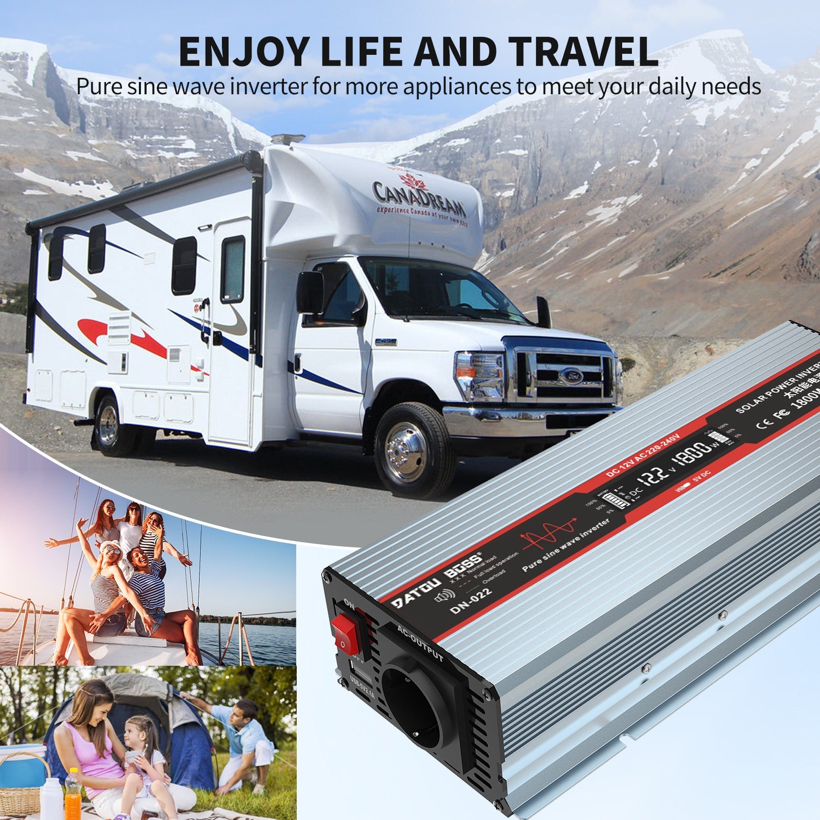 DATOUBOSS 12V 300Ah LiFePO4 Lithium Battery with 200A BMS + 1800W Pure Sine Wave Inverter 12V to 230V AC, 3600W Peak, EU Sockets, USB Ports & LED Display, Portable Solar Power System for Outdoor Gear, Camping Equipment, Fishing Trips & Mobile Workstations - DATOUBOSS Rechargeable Lifepo4 Batteries Voltage Converters InverterSP-DT-DNG1800W-12V-12V300A-A01-EU