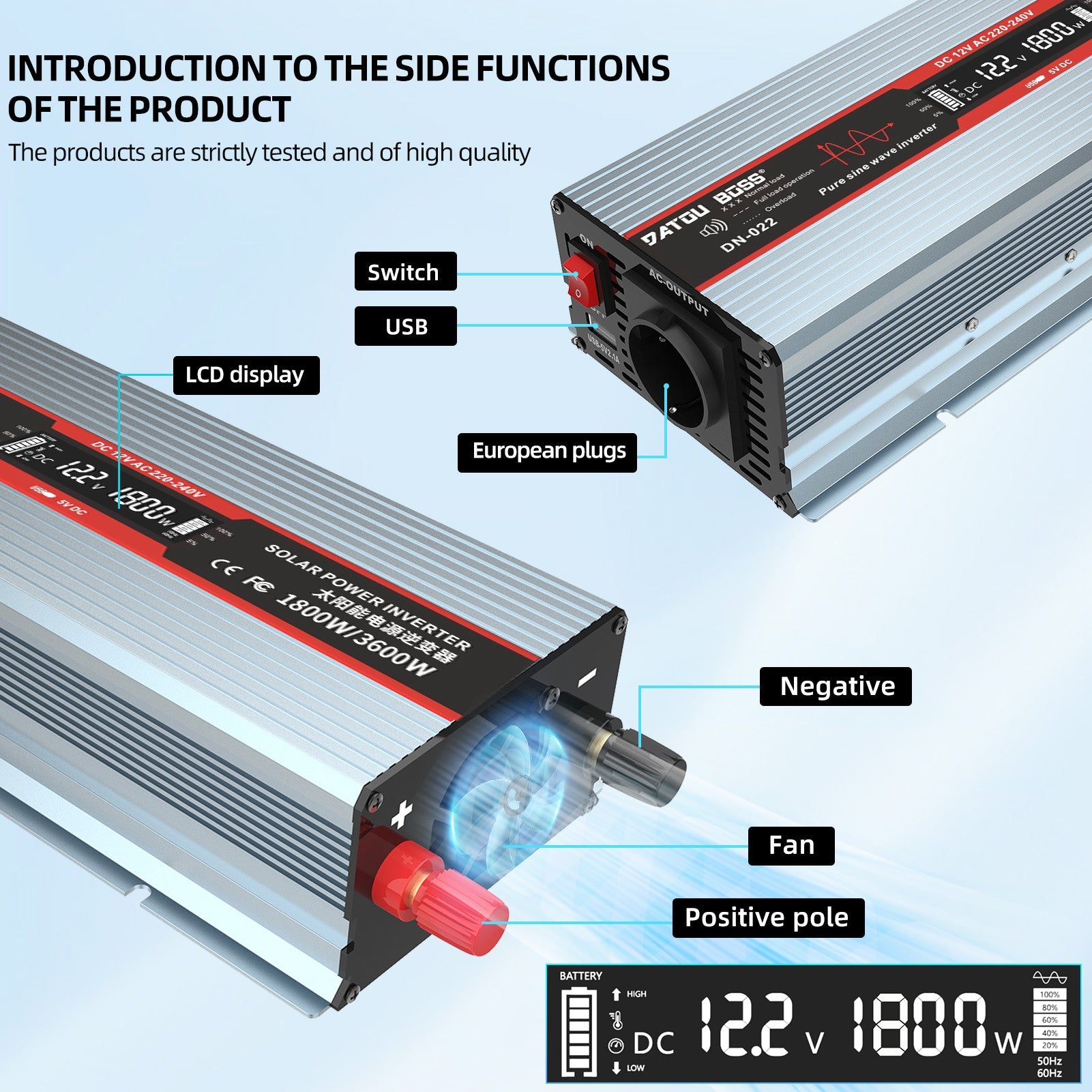 DATOUBOSS 12V 300Ah LiFePO4 Lithium Battery with 200A BMS + 1800W Pure Sine Wave Inverter 12V to 230V AC, 3600W Peak, EU Sockets, USB Ports & LED Display, Portable Solar Power System for Outdoor Gear, Camping Equipment, Fishing Trips & Mobile Workstations - DATOUBOSS Rechargeable Lifepo4 Batteries Voltage Converters InverterSP-DT-DNG1800W-12V-12V300A-A01-EU