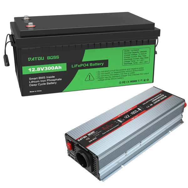 DATOUBOSS 12V 300Ah LiFePO4 Lithium Battery with 200A BMS + 1800W Pure Sine Wave Inverter 12V to 230V AC, 3600W Peak, EU Sockets, USB Ports & LED Display, Portable Solar Power System for Outdoor Gear, Camping Equipment, Fishing Trips & Mobile Workstations - DATOUBOSS Rechargeable Lifepo4 Batteries Voltage Converters InverterSP-DT-DNG1800W-12V-12V300A-A01-EU
