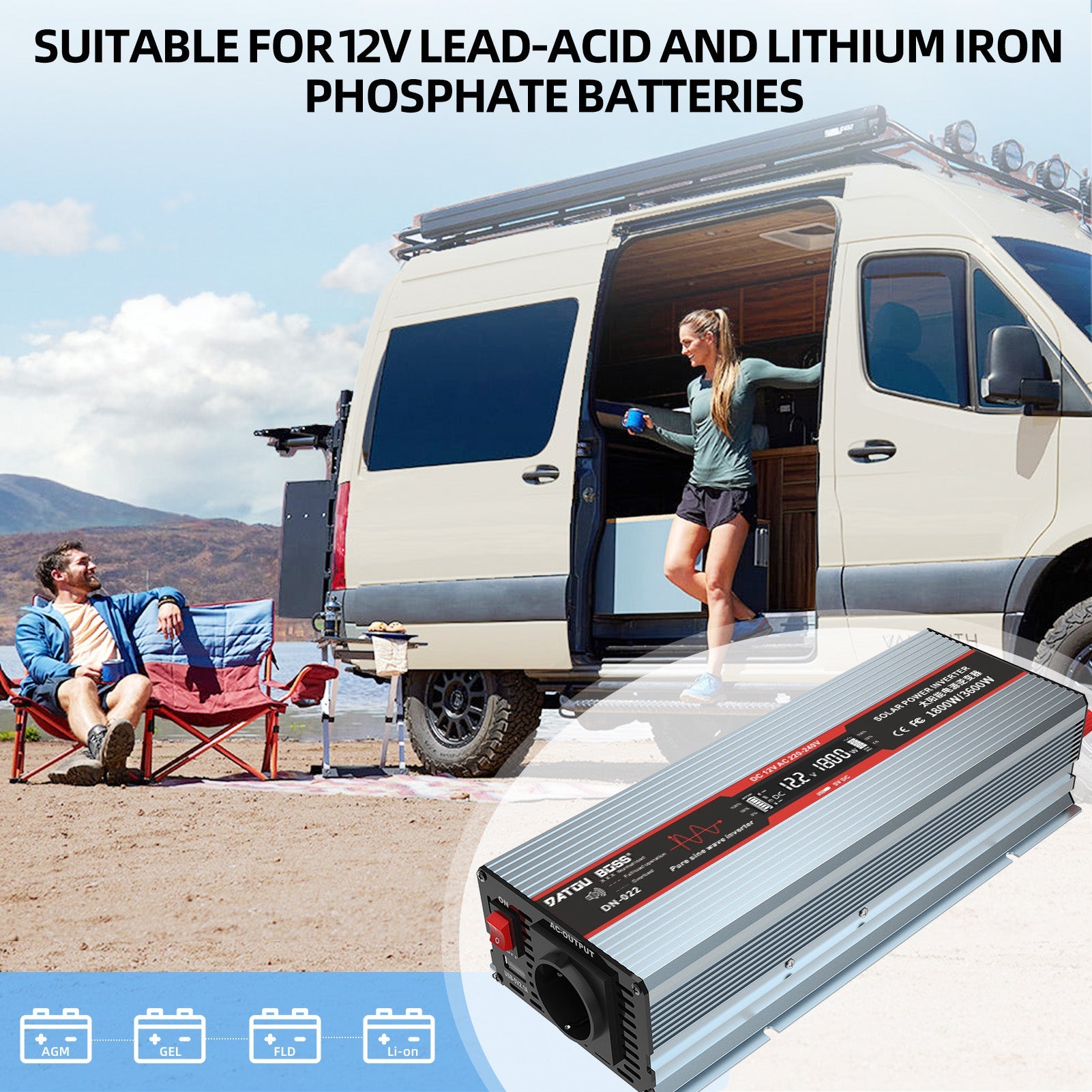 DATOUBOSS 12V 300Ah LiFePO4 Lithium Battery with 200A BMS + 1800W Pure Sine Wave Inverter 12V to 230V AC, 3600W Peak, EU Sockets, USB Ports & LED Display, Portable Solar Power System for Outdoor Gear, Camping Equipment, Fishing Trips & Mobile Workstations - DATOUBOSS Rechargeable Lifepo4 Batteries Voltage Converters InverterSP-DT-DNG1800W-12V-12V300A-A01-EU