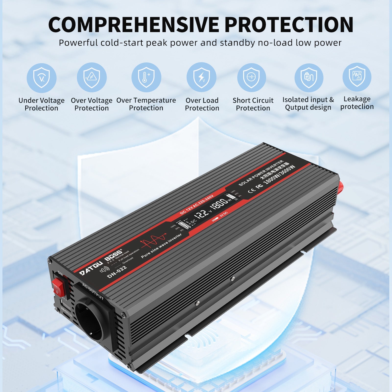 DATOUBOSS 12V 300Ah LiFePO4 Lithium Battery with 200A BMS + 1800W Pure Sine Wave Inverter 12V to 230V AC, 3600W Peak, EU Sockets, USB Ports & LED Display, Solar Deep Cycle Power System for RV, Car, Caravan, Truck & Off - Grid Home - DATOUBOSS Rechargeable Lifepo4 Batteries Voltage Converters InverterSP-DT-DNB1800W-12V-12V300A-A01-EU